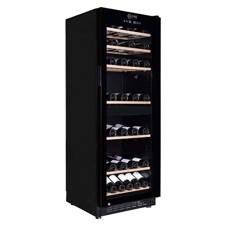 Cave Vinum CV-111-N-2T, vinoteca de 120 botellas doble zona, vista con puerta de cristal.
