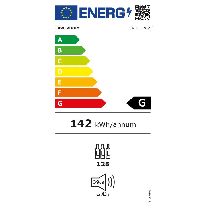 Etiqueta energética de la vinoteca Cave Vinum CV-111-N-2T de 120 botellas, doble zona, clase G y consumo anual de 142 kWh.