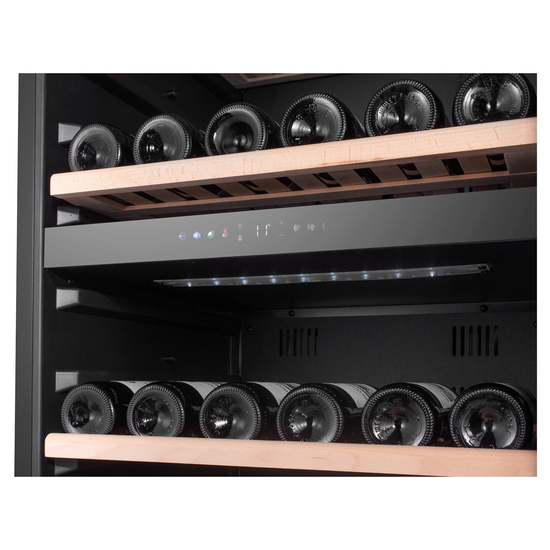 Vinoteca Caviss C2120CBEG de 120 botellas, doble zona, vista del modelo negro de libre instalación.