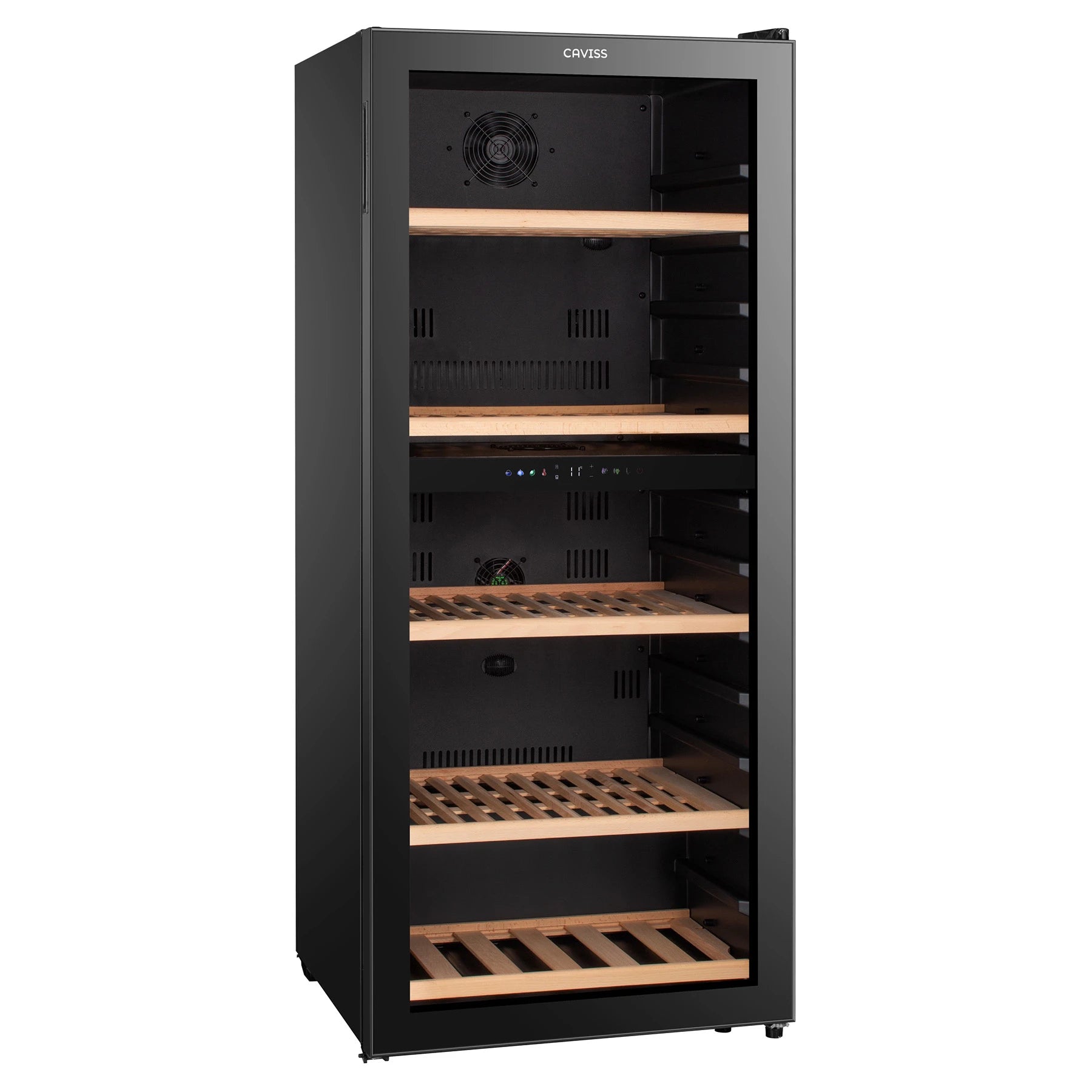 Vinoteca Caviss C2120CBEG de 120 botellas, doble zona, vista del interior con estantes de madera.