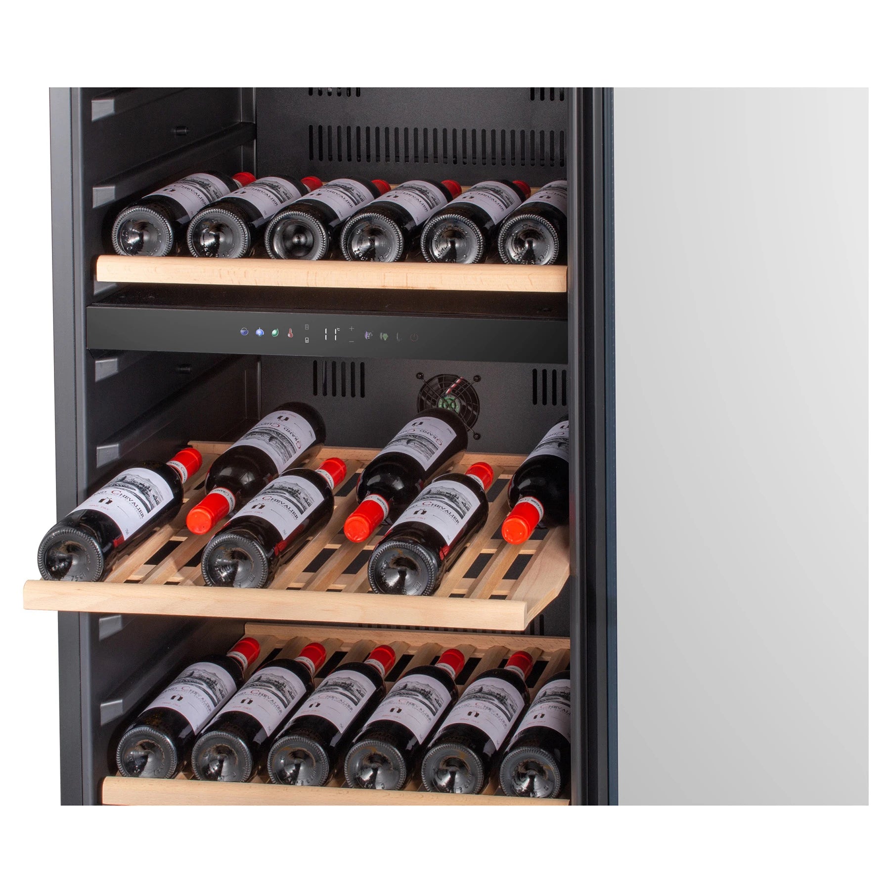Vinoteca Caviss C2120CBEG de 120 botellas, vista del equipo con botellas en el interior.