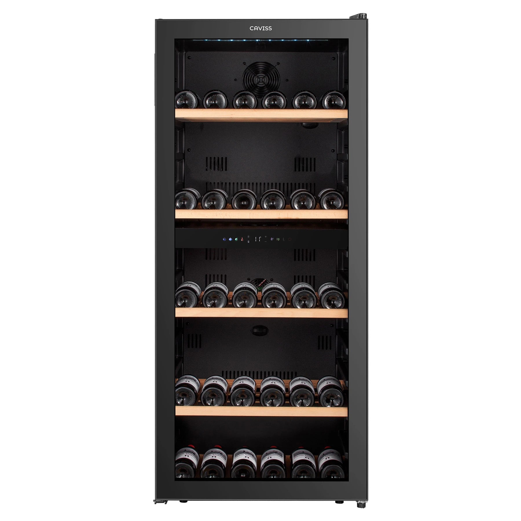 Vinoteca Caviss C2120CBEG de 120 botellas, doble zona, libre instalación, vista frontal del modelo negro.