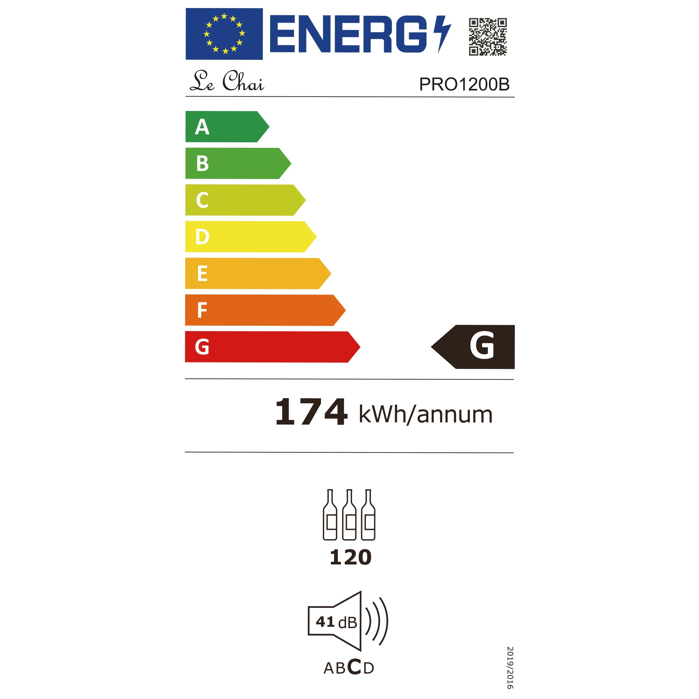 Etiqueta energetica de la vinoteca Le Chai PRO1200B de 120 botellas con clase G.