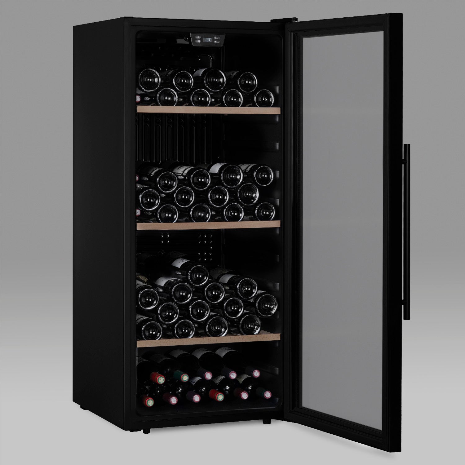 Vinoteca 122 botellas Les Petits Champs CAVCB122 Black puerta abierta con botellas de vino