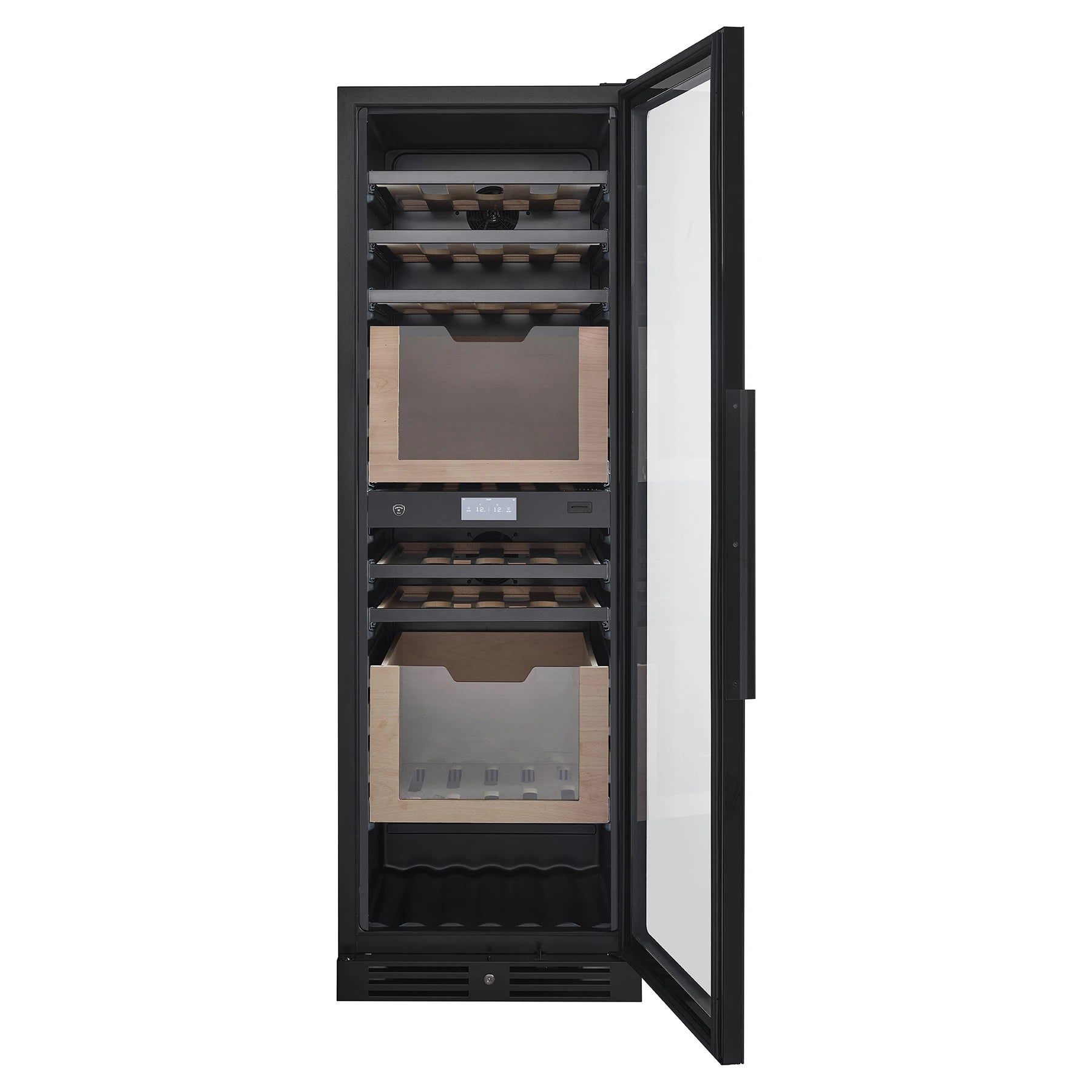 Vinoteca Nestor M Wine NWXP2123FN2 con puerta abierta, doble zona y botellas