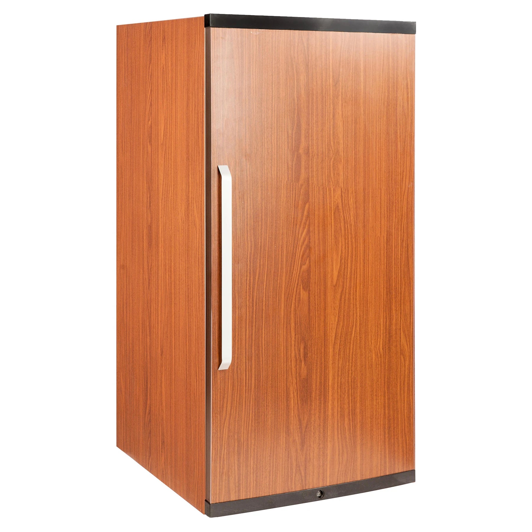 Vista frontal de la vinoteca de envejecimiento La Sommelière CTPE142A+ con puerta cerrada en acabado madera