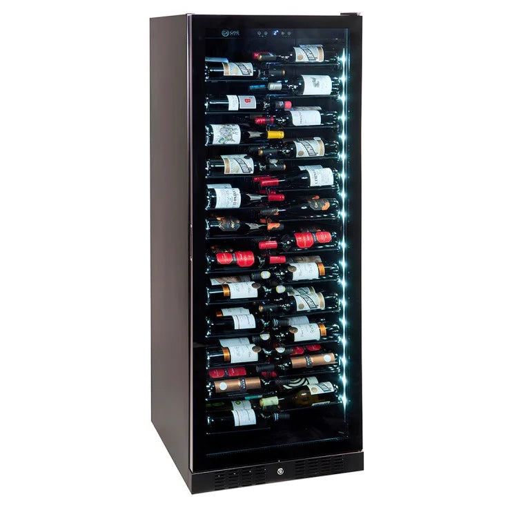 Vinoteca Cave Vinum CV-143-LV PREMIUM de 143 botellas, libre instalación, vista frontal del equipo negro.