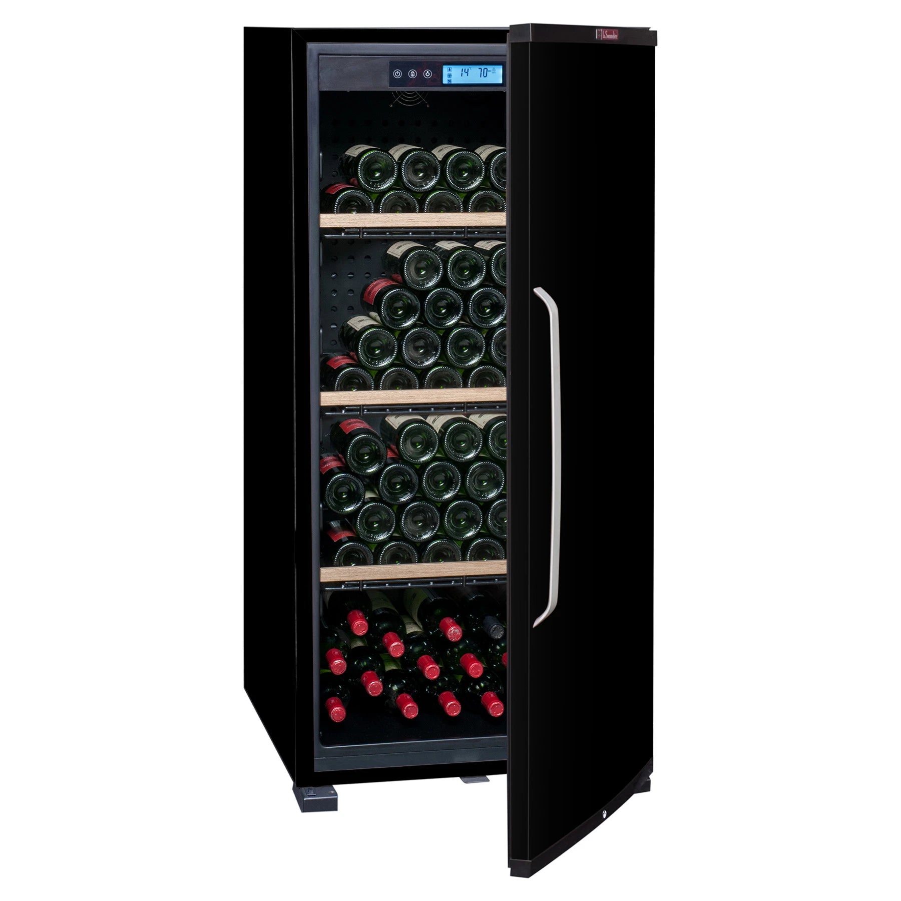 Vinoteca La Sommelière CTPNE142A+ de 149 botellas con puerta abierta y estantes de madera repletos de botellas de vino