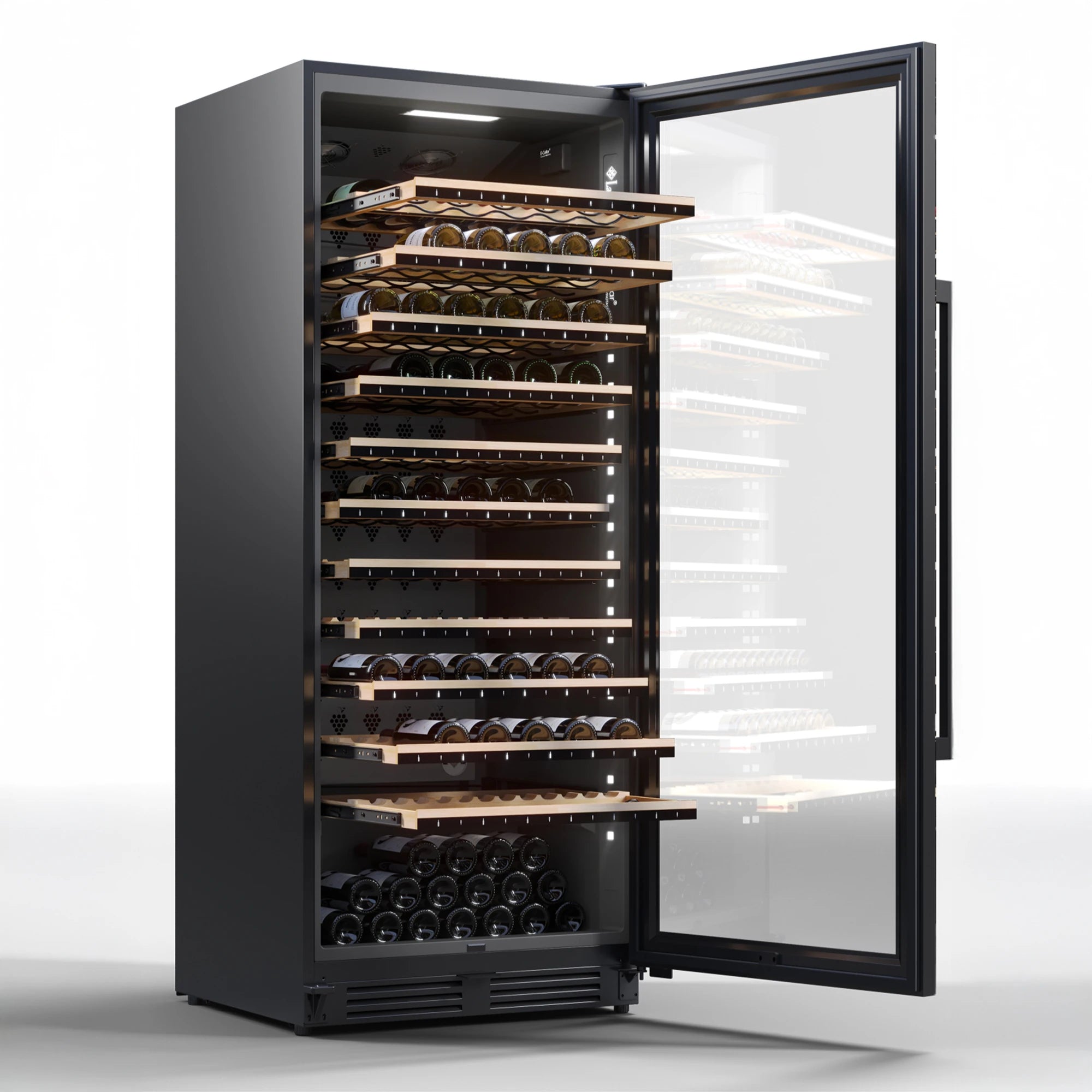 Vista de la Vinoteca 149 botellas La Sommelière ECELLAR.BI150 con estantes de madera llenos de botellas
