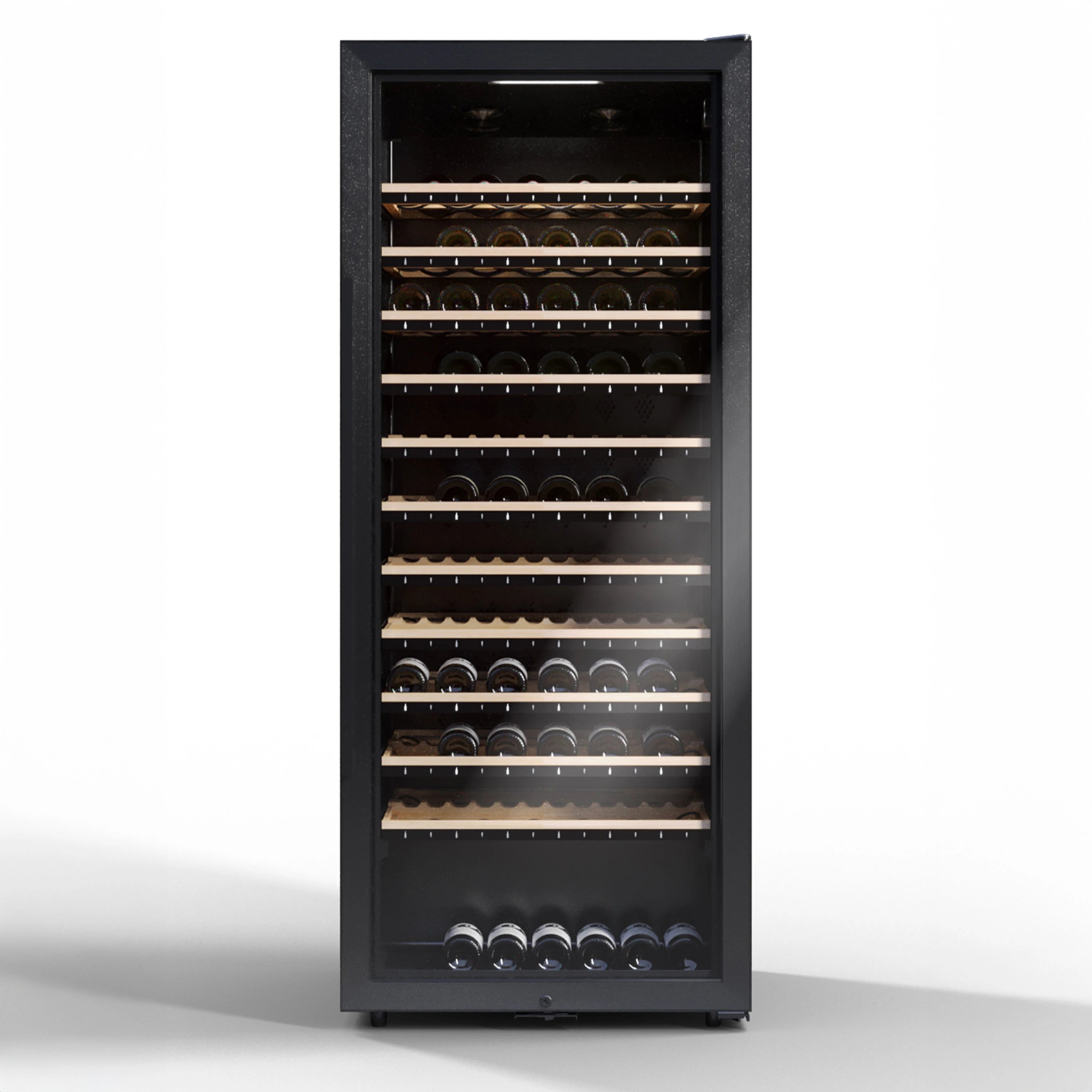 Vista de la Vinoteca 149 botellas La Sommelière ECELLAR150G2 cargada de botellas de vino tinto y blanco