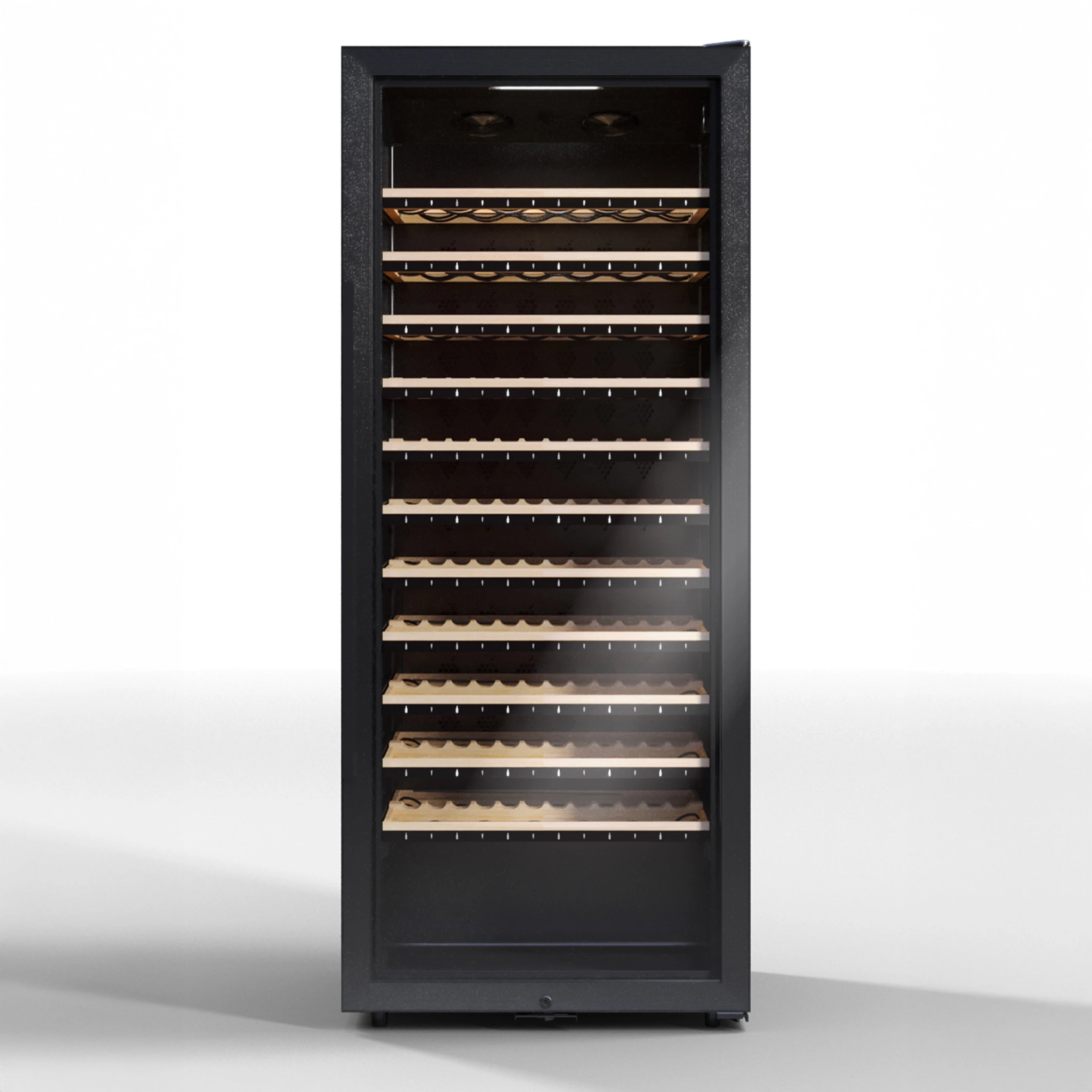 Vista de la Vinoteca 149 botellas La Sommelière ECELLAR150G2 con estantes de madera llenos de botellas