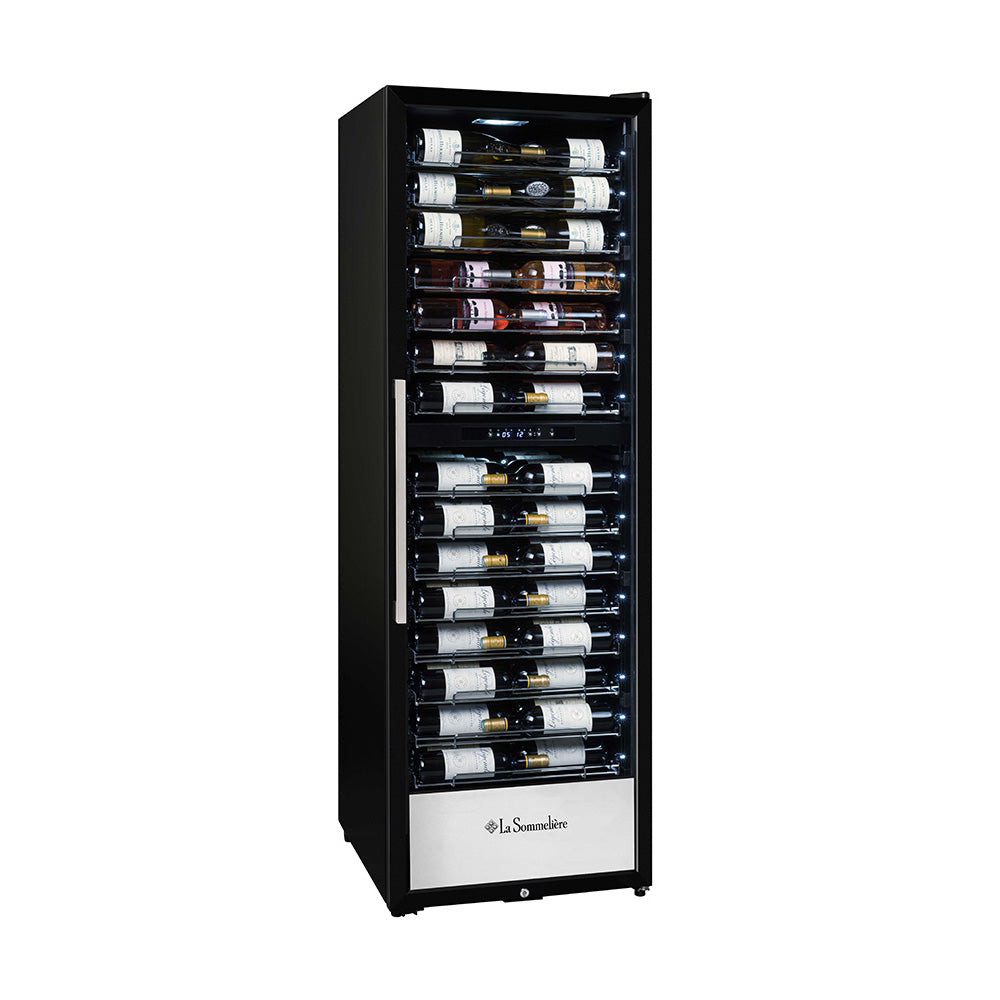 Vista de la Vinoteca de envejecimiento 152 botellas La Sommelière PRO160DZN doble zona cargada de botellas de vino tinto y blanco