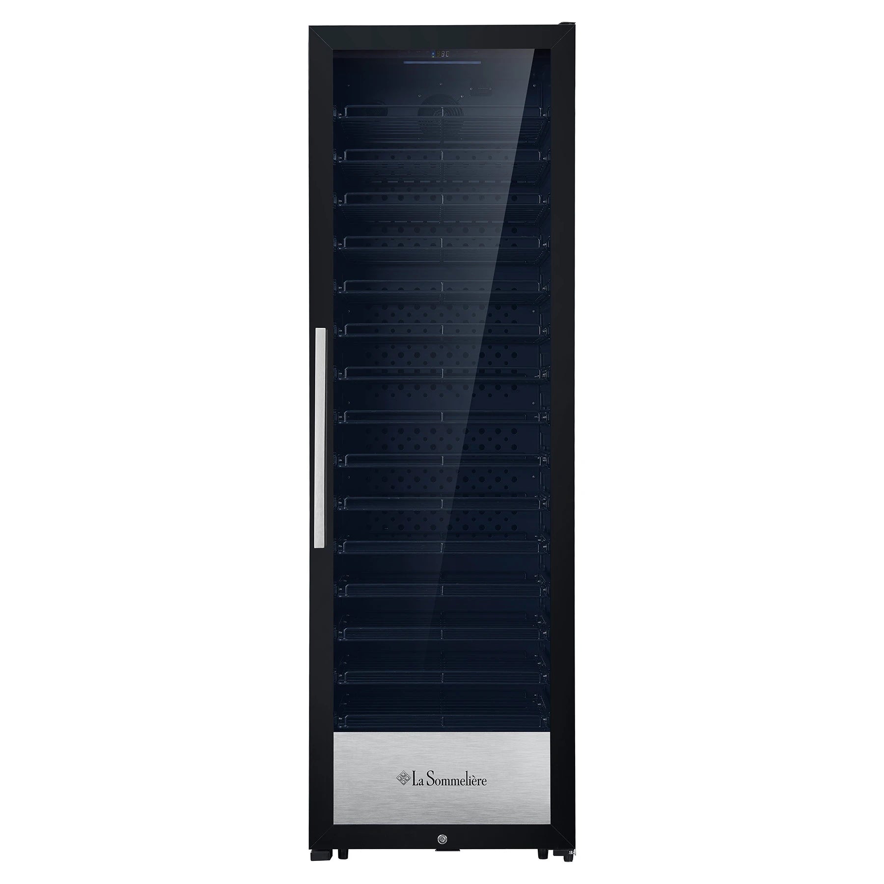 Vinoteca La Sommelière PRO160FRESH de 152 botellas abierta y completamente cargada de botellas, con estantes iluminados.