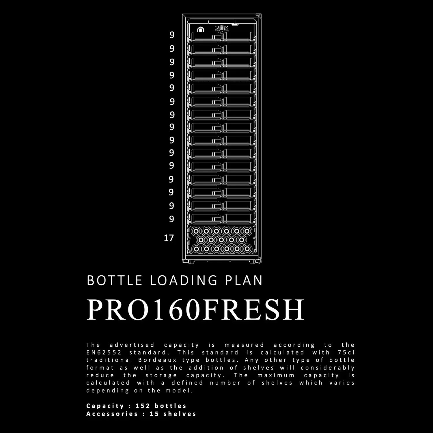 Esquema de carga de botellas de la vinoteca La Sommelière PRO160FRESH (152 botellas), mostrando distribución por estantes y capacidad máxima.