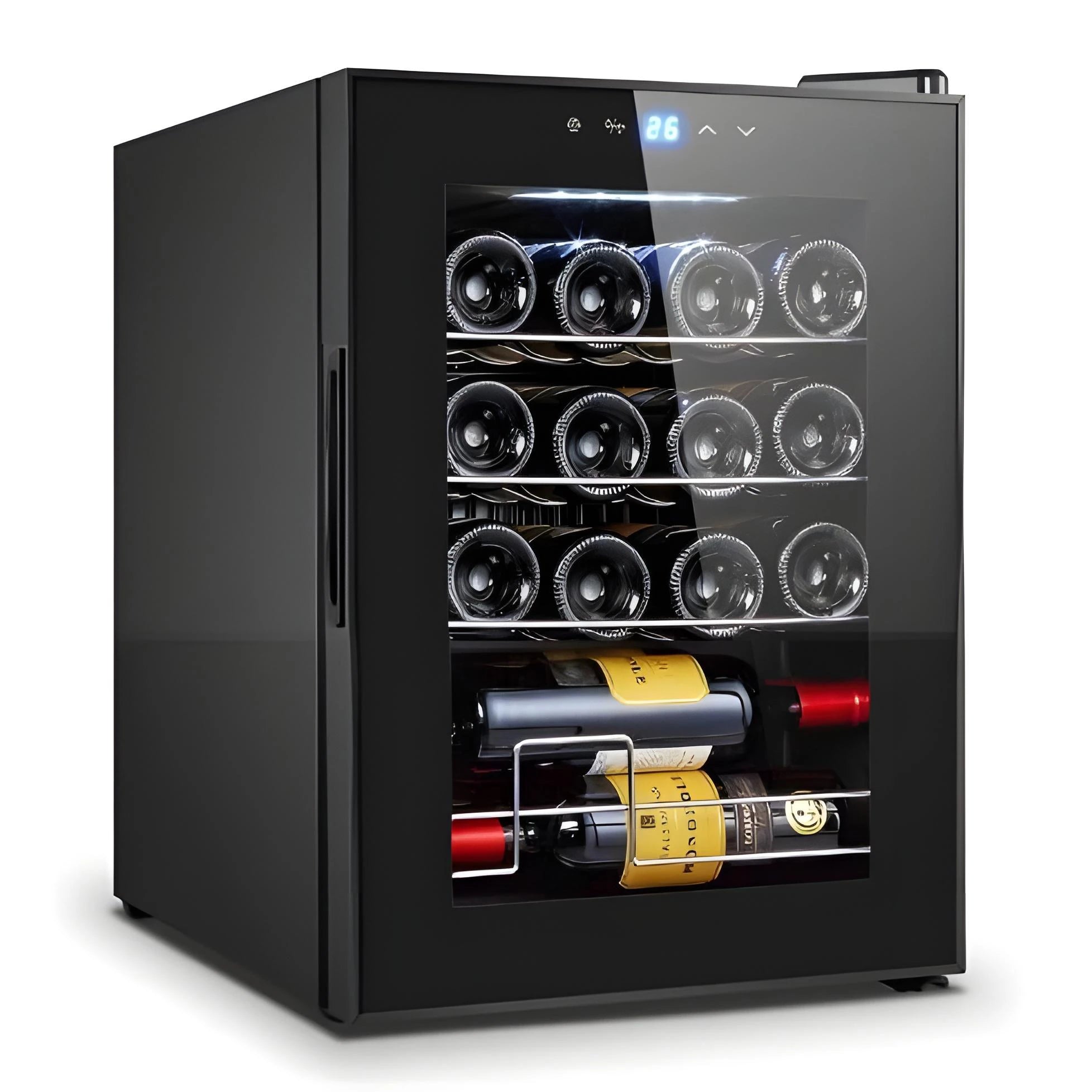 Vinoteca eléctrica Cavanova de 16 botellas, con puerta de vidrio reflectante, estructura negra y pantalla digital con indicador de temperatura.