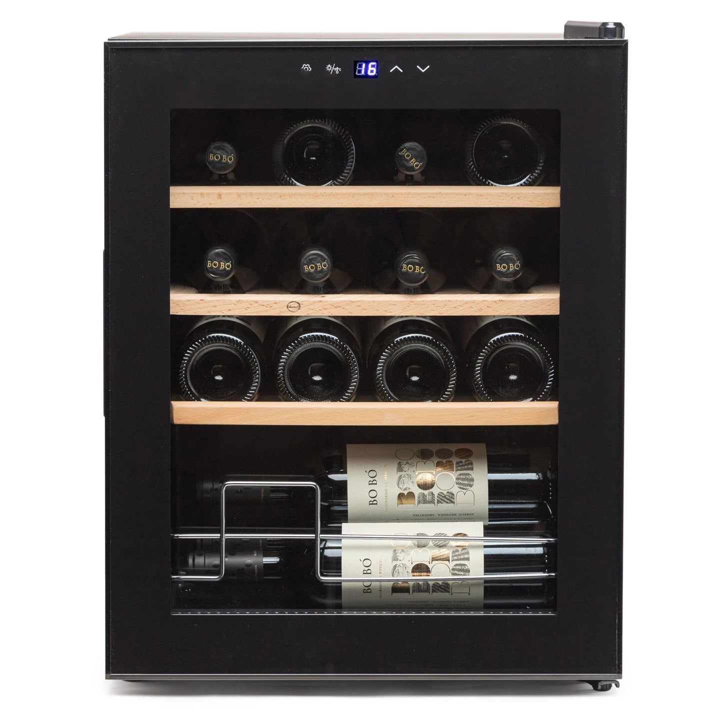Vinoteca Vinobox V16 Pro de 16 botellas en color negro con puerta de cristal.
