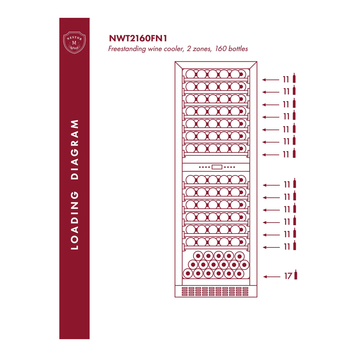 Plano de carga de la vinoteca Nestor M Wine NWT2160FN1 de 160 botellas