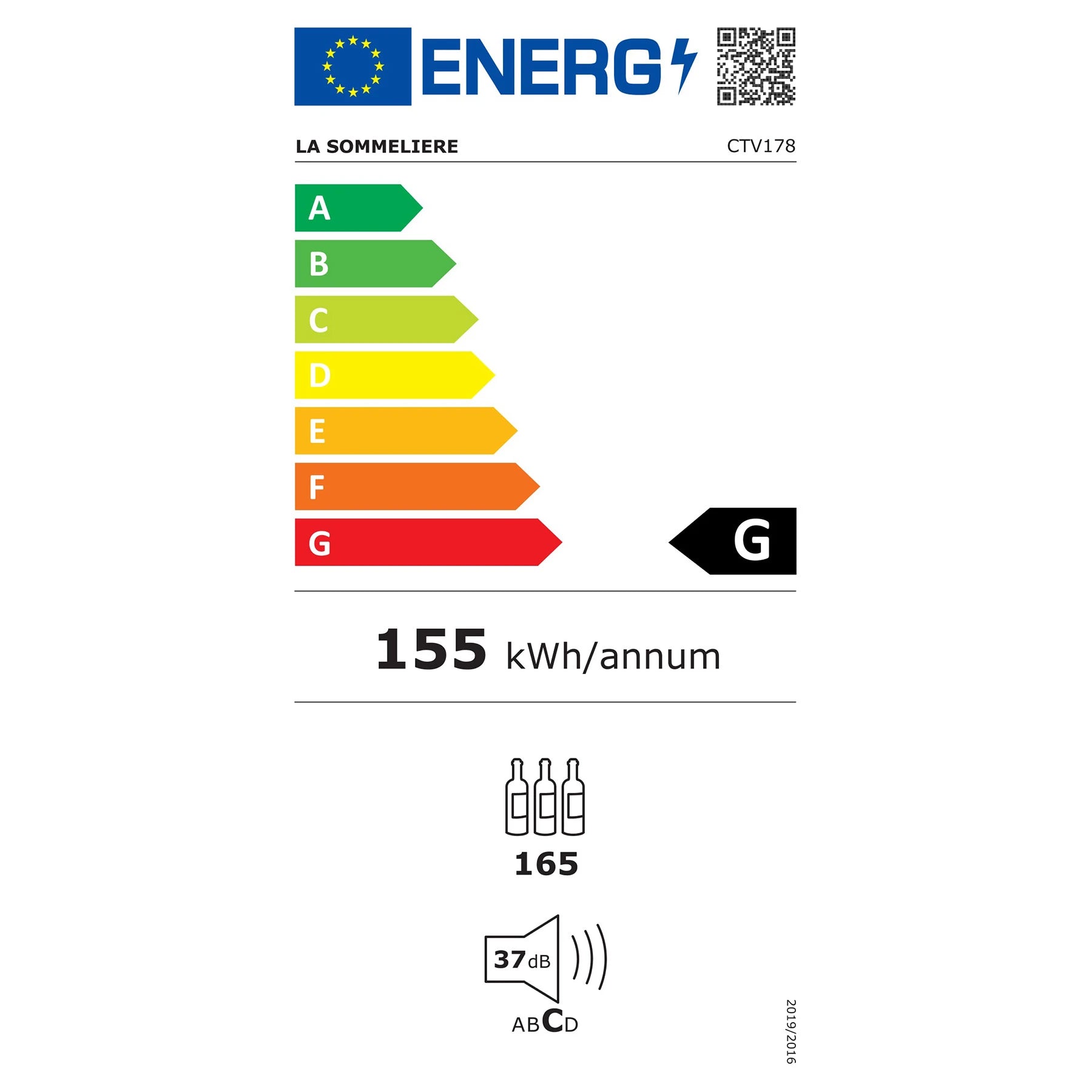 Etiqueta de eficiencia energética clase G de la vinoteca La Sommelière CTV178 con 155 kWh anuales y capacidad de 165 botellas