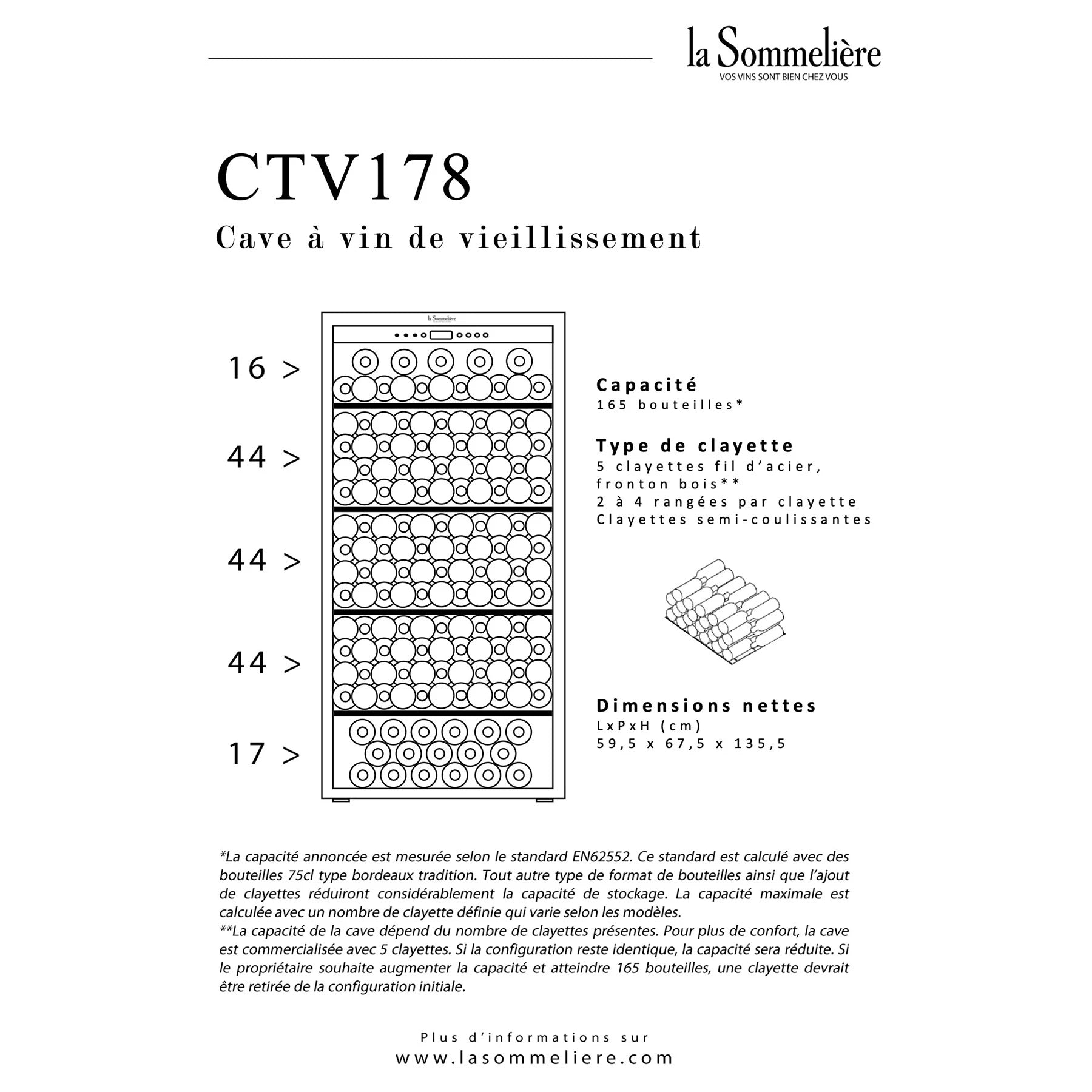 Ficha técnica vinoteca La Sommelière CTV178 con capacidad 165 botellas, distribución de estantes y dimensiones 59,5x67,5x135,5 cm