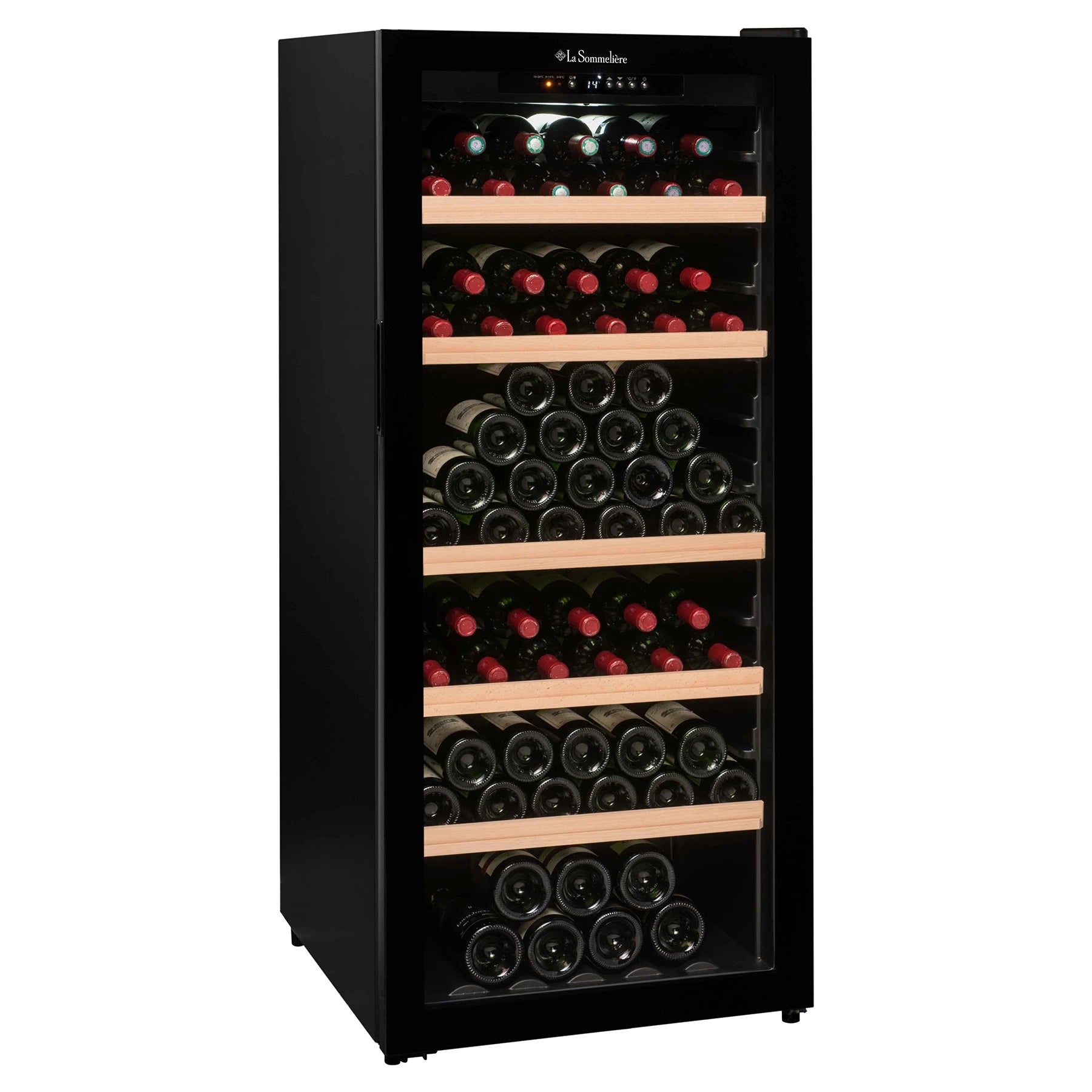 Vinoteca La Sommelière CTV178 de 165 botellas con puerta de cristal y estantes de madera llenos de botellas de vino