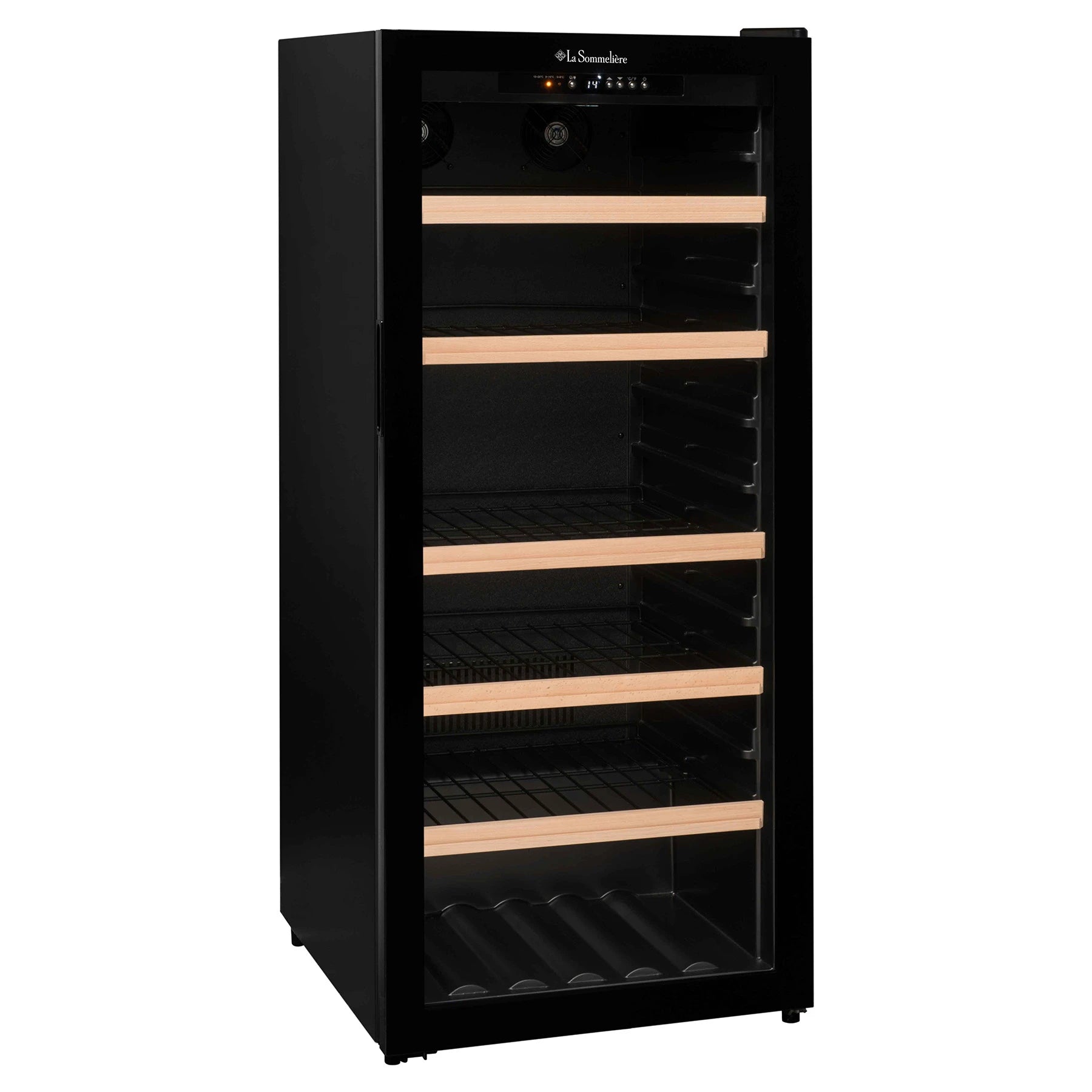 Vinoteca La Sommelière CTV178 vista frontal con puerta de cristal cerrada e interior vacío con estantes de madera visibles