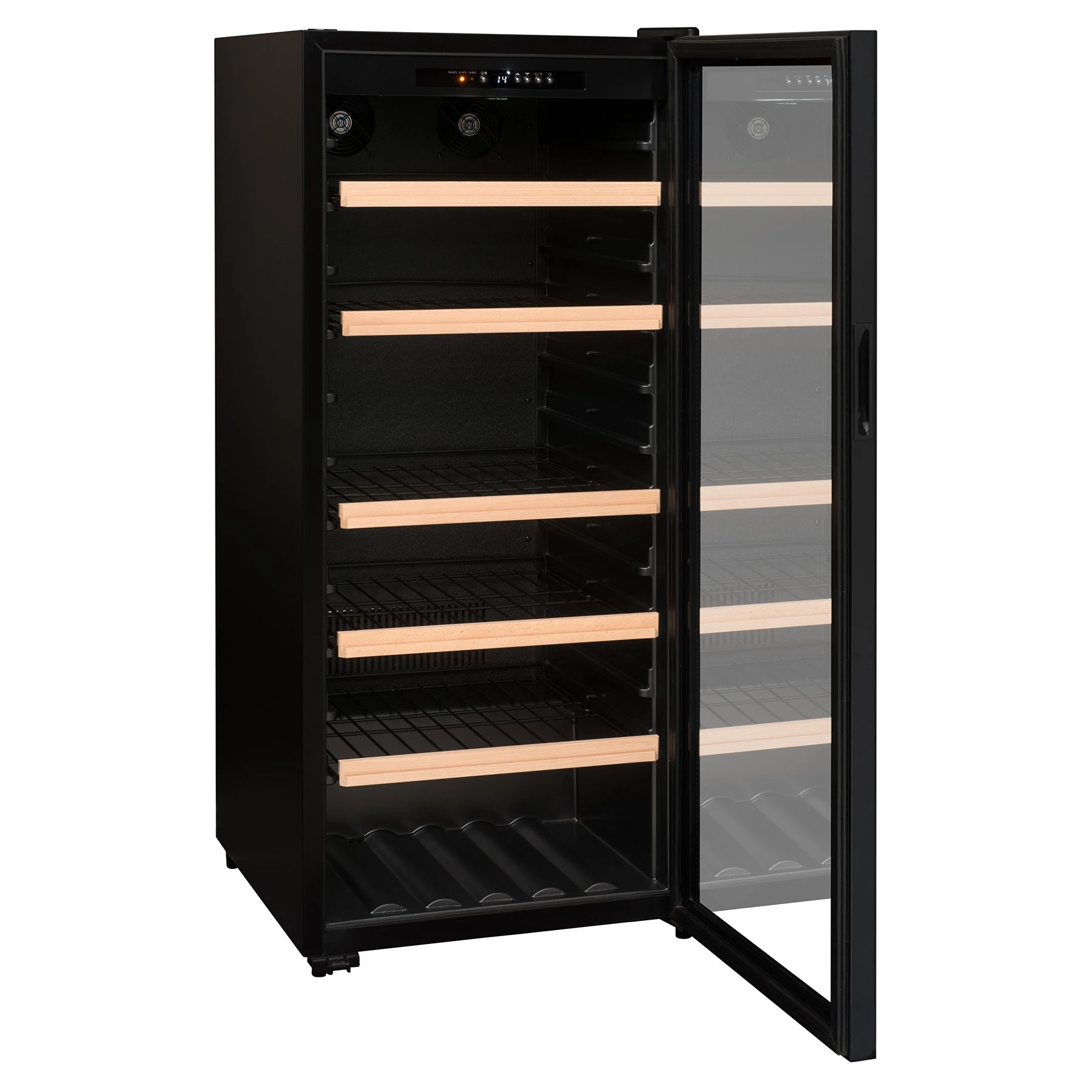 Vinoteca La Sommelière CTV178 con puerta abierta e interior vacío mostrando estantes de madera y rieles para botellas