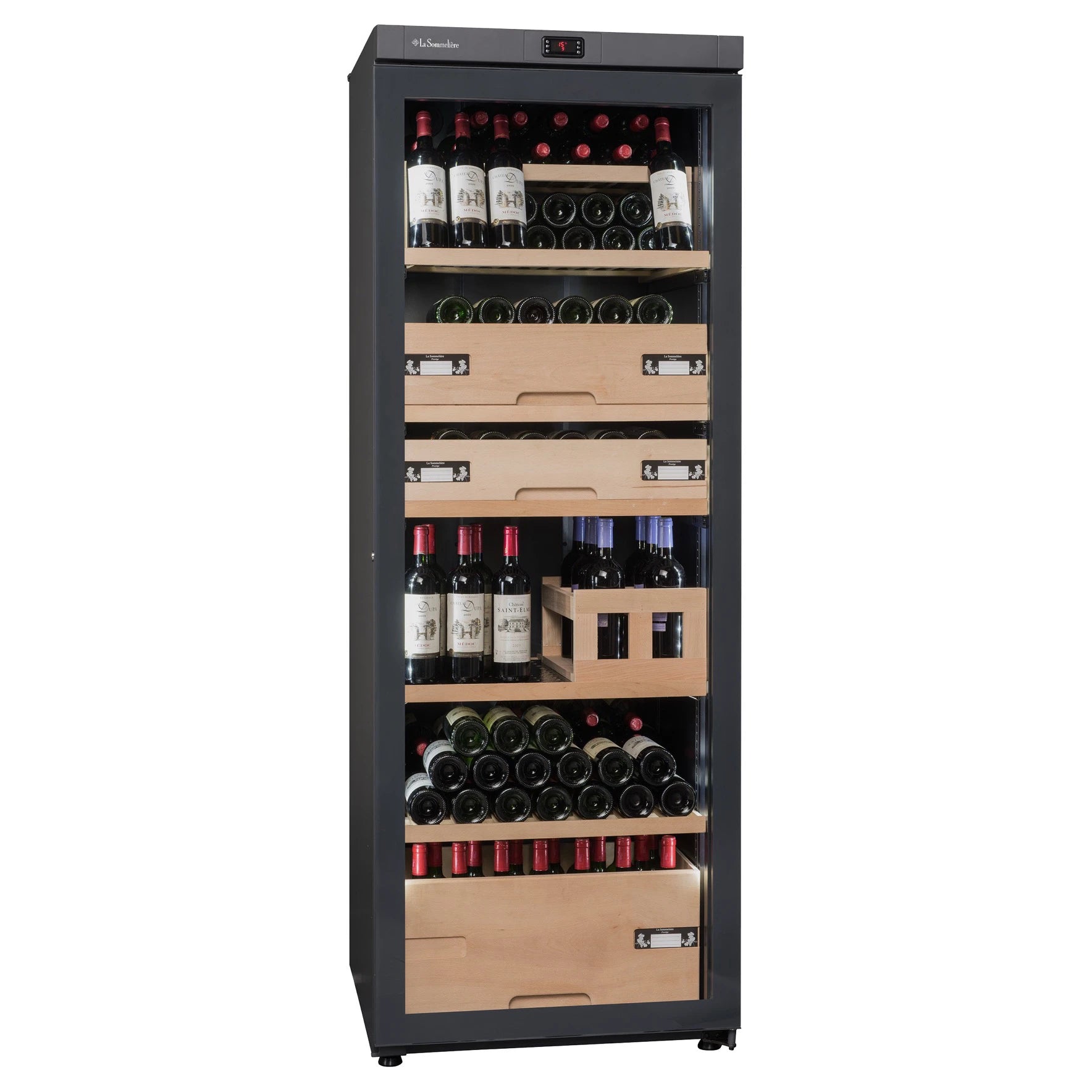 Vinoteca de envejecimiento La Sommelière VIP330VRESTAU de pie, con estructura negra y puertas de vidrio, mostrando múltiples botellas de vino organizadas en estantes de madera natural.
