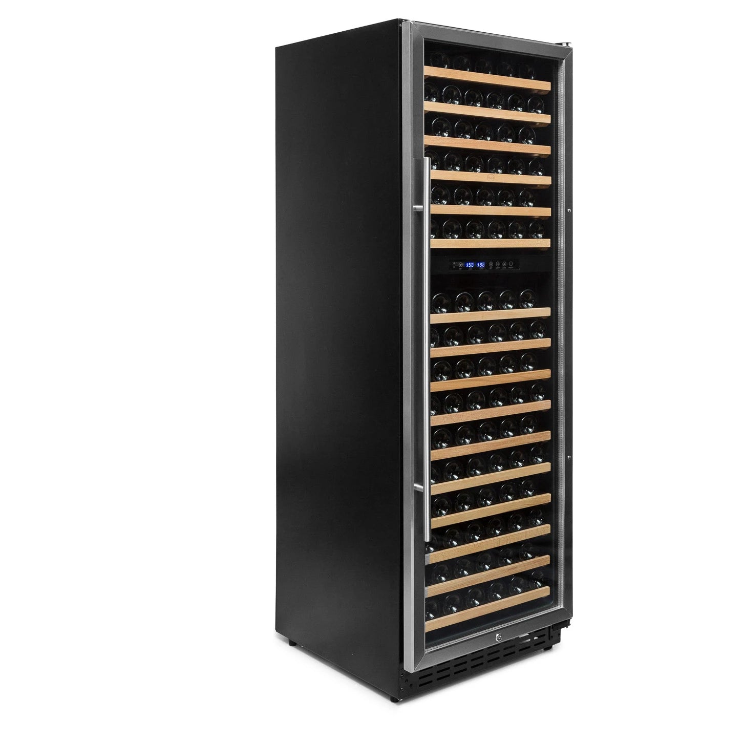 Vinoteca Vinobox 168GC 2T Inox de 166 botellas, doble zona, acabado negro con marco de acero inoxidable, puerta de vidrio cerrada y estantes de madera con botellas almacenadas horizontalmente.