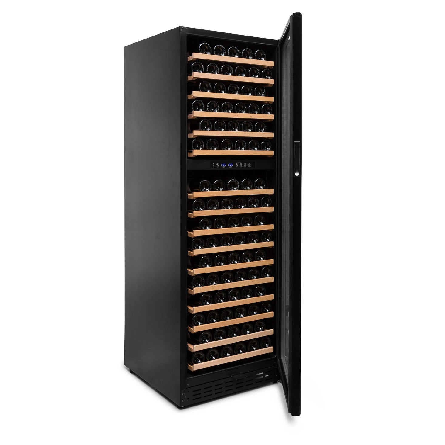 Vinoteca Vinobox 168GC 2T negra de doble zona con capacidad para 166 botellas, puerta de vidrio abierta y estantes de madera visibles.