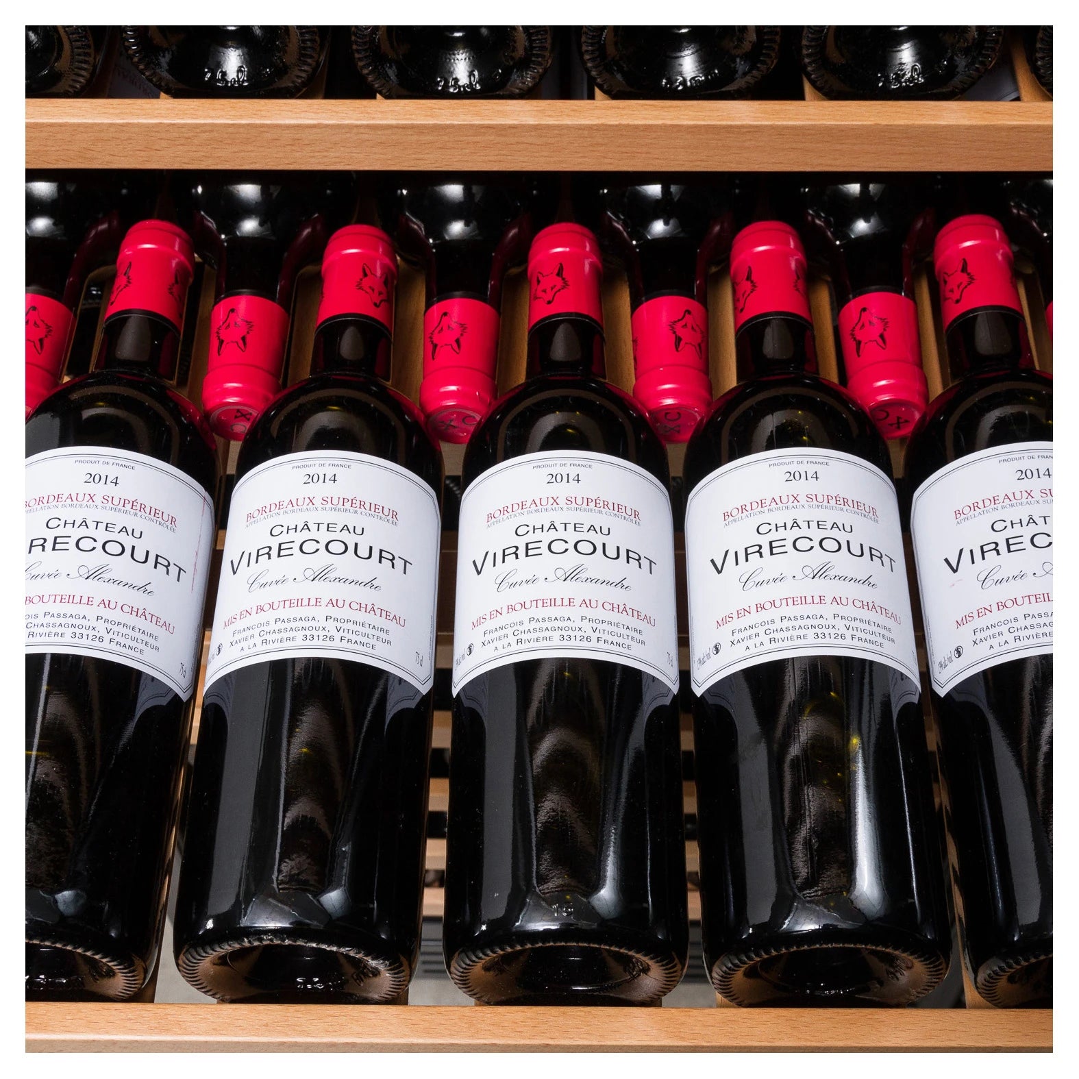 Vista cercana de varias botellas de vino tinto con etiquetas blancas y tapones rojos, organizadas en una vinoteca con estantes de madera.