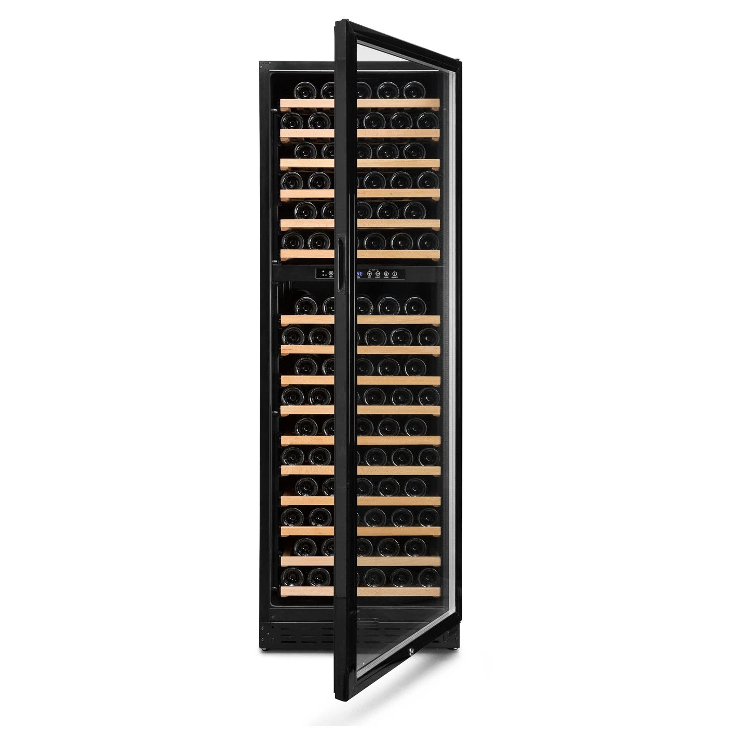 Vinoteca negra de doble zona con capacidad para 166 botellas, estantes de madera y puerta de vidrio abierta.