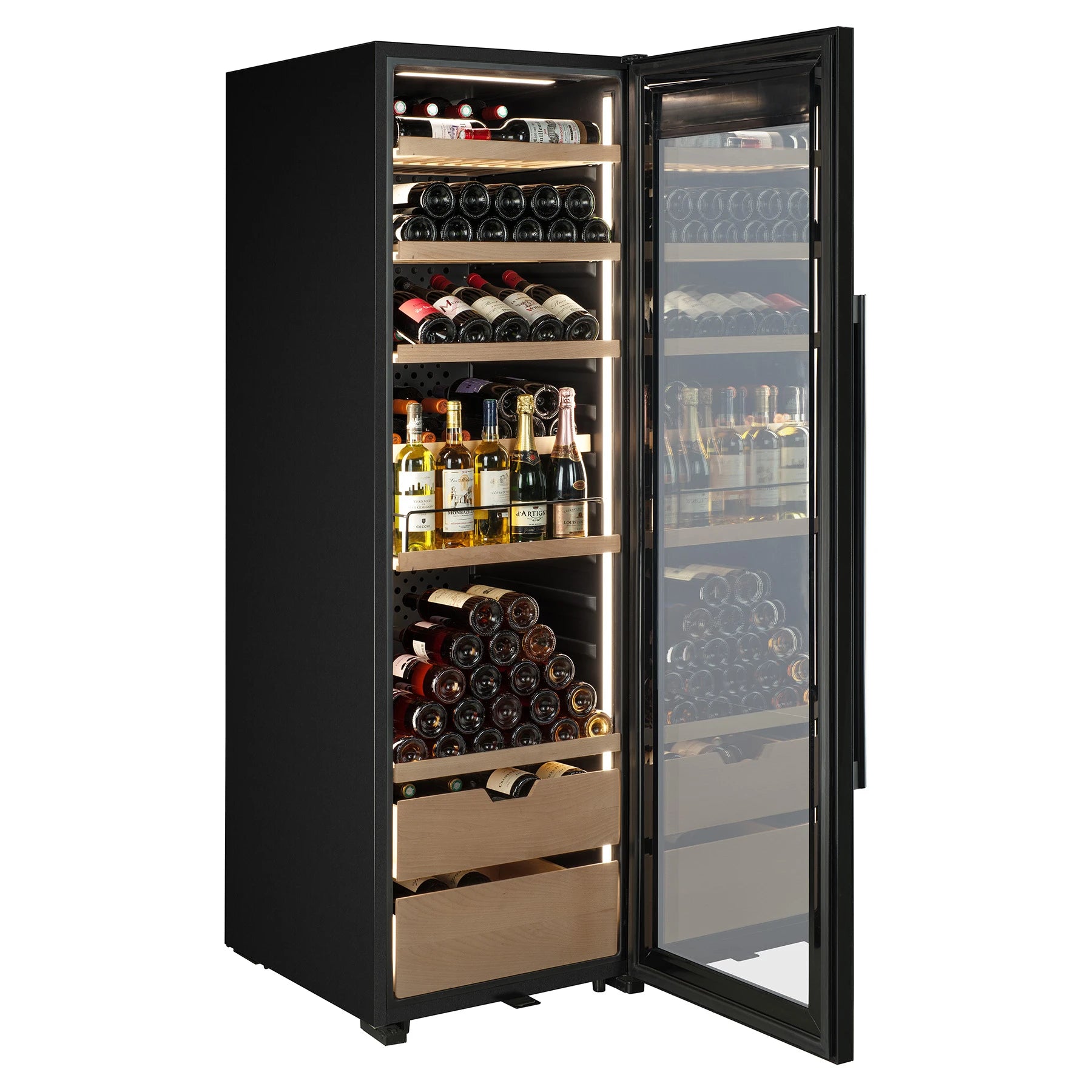 Vinoteca La Sommelière VIP177 Edition con puerta de cristal abierta, interior con vinos en estantes de madera y cajones de gran capacidad
