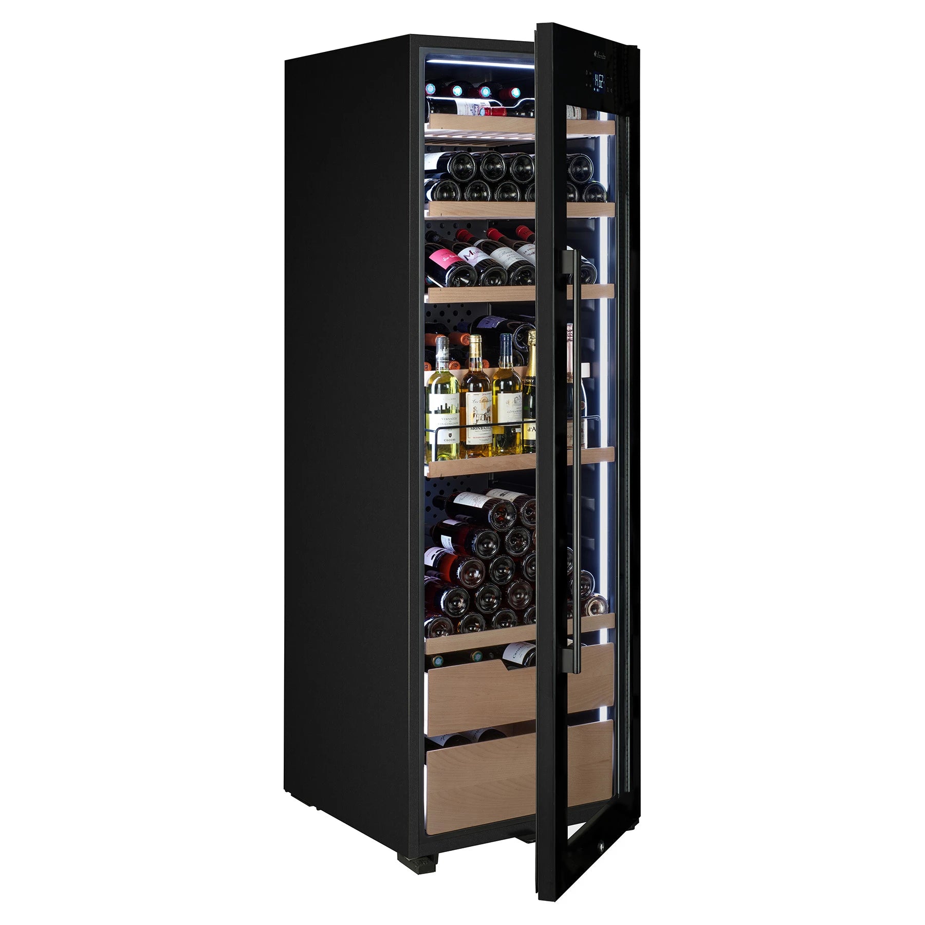 Vinoteca La Sommelière VIP177 Edition con tira LED encendida en interior, puerta lateral abierta y colección de vinos en estantes de madera