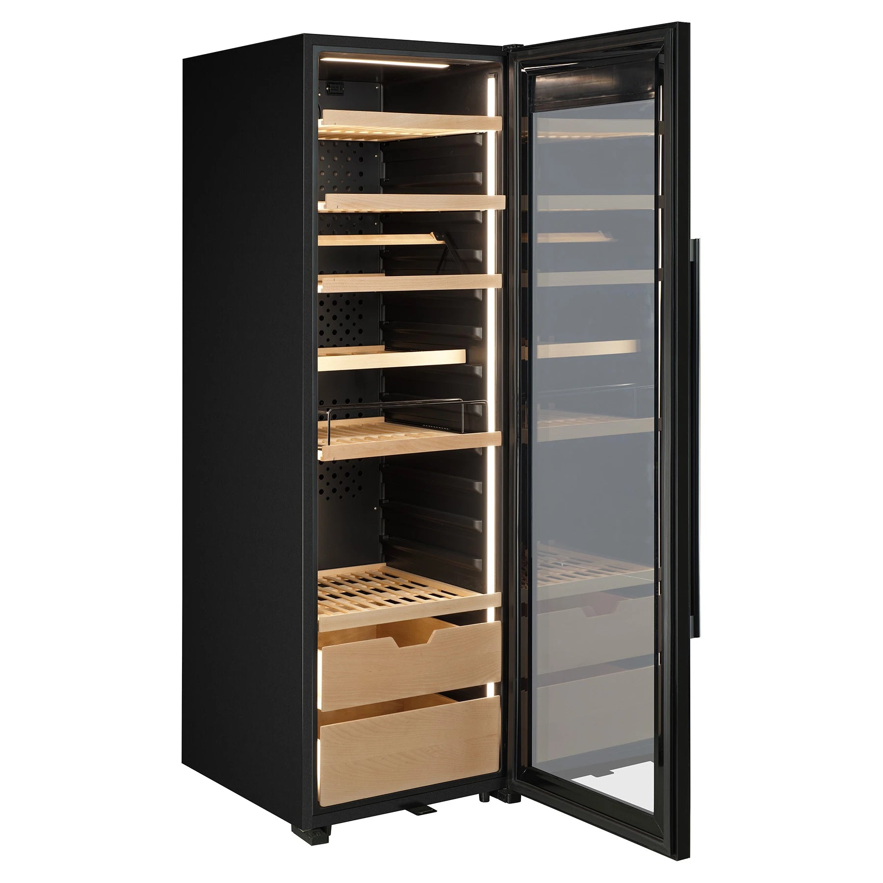 Vinoteca La Sommelière VIP177 Edition puerta abierta a la derecha, interior vacío con estantes de madera extraíbles y cajones modulares