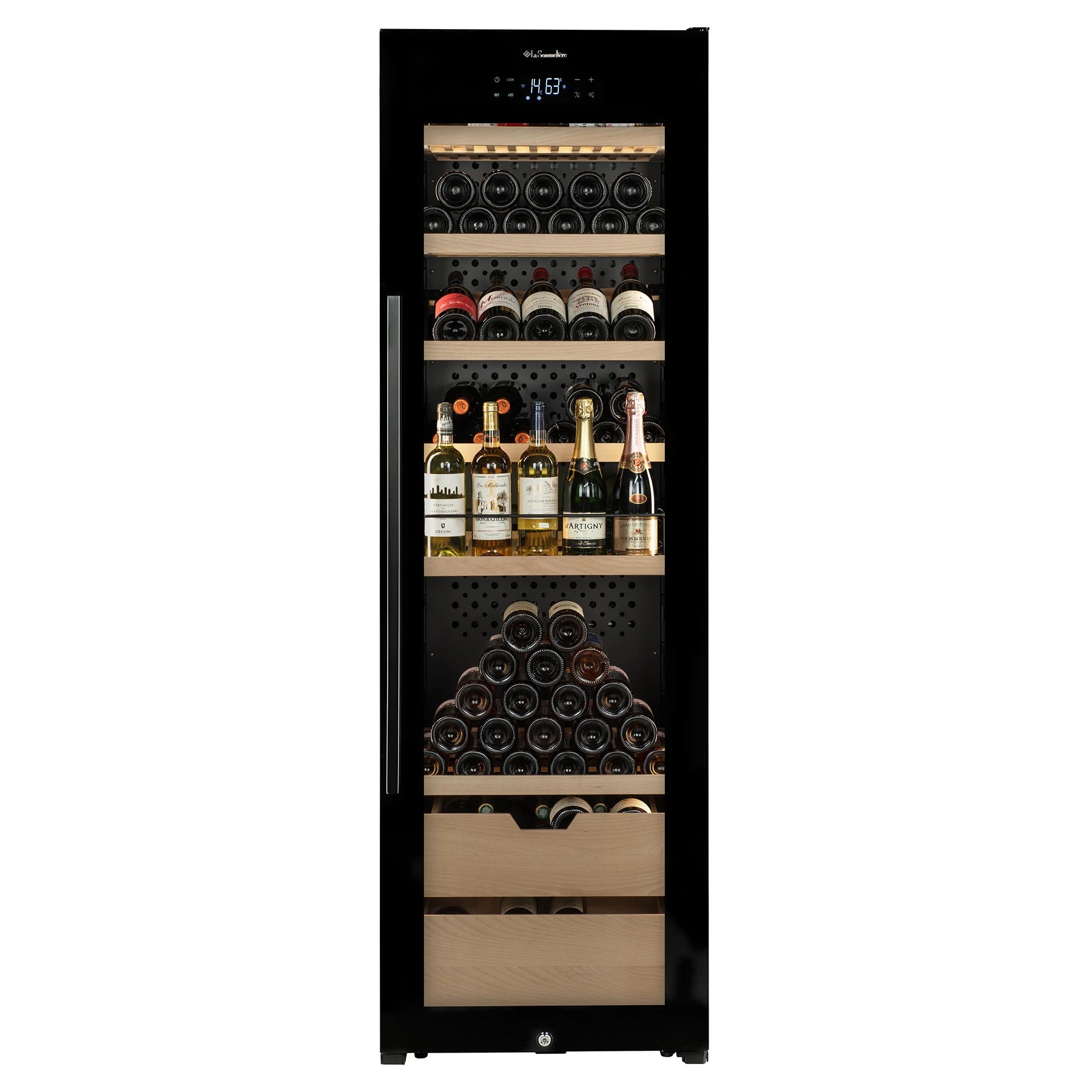 Vinoteca La Sommelière VIP177 EDITION de gran capacidad (177 botellas), diseño elegante en negro con panel digital superior y estantes iluminados donde se exhiben vinos tintos y blancos.