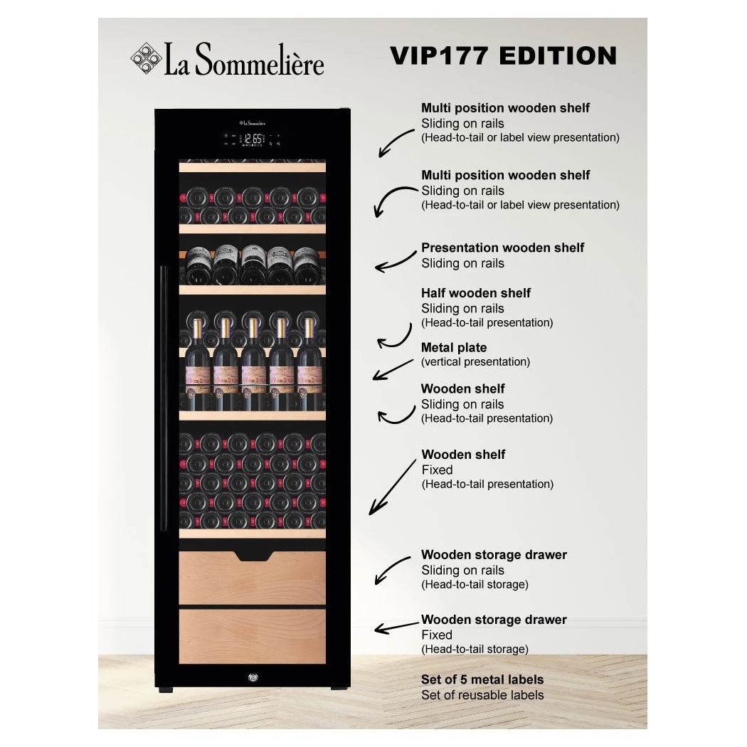 Diagrama en inglés de componentes interiores de la vinoteca La Sommelière VIP177 Edition con estantes etiquetados