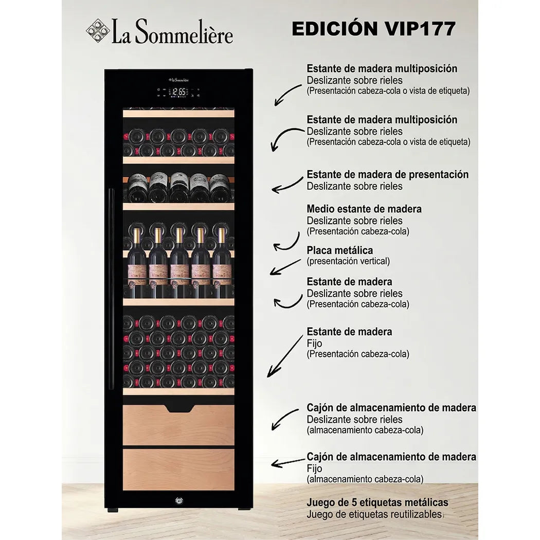 Diagrama de componentes interiores de la vinoteca La Sommelière VIP177 Edition con estantes y cajones etiquetados