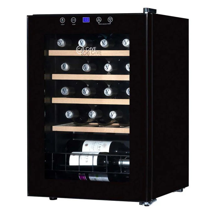 Cave Vinum CV-18-CWS, vinoteca de 18 botellas con estantes de madera visibles.