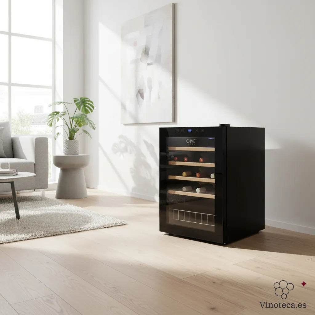 Vinoteca Cave Vinum CV-18-CWS de 18 botellas instalada en un salón junto a mobiliario de madera.