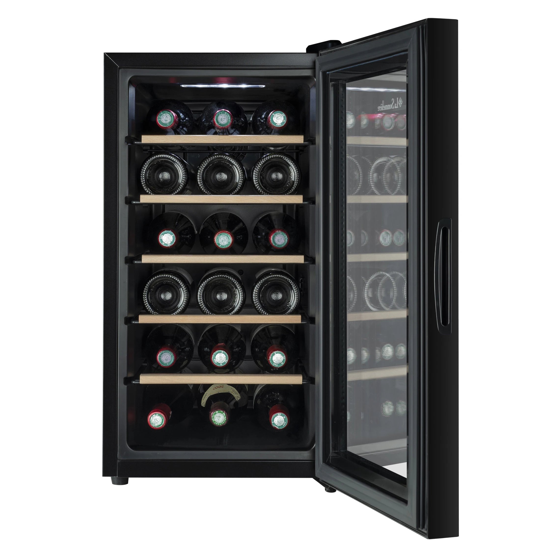 Vista de la Vinoteca 18 botellas La Sommelière 18SILENCE repleta de botellas en estantes de madera