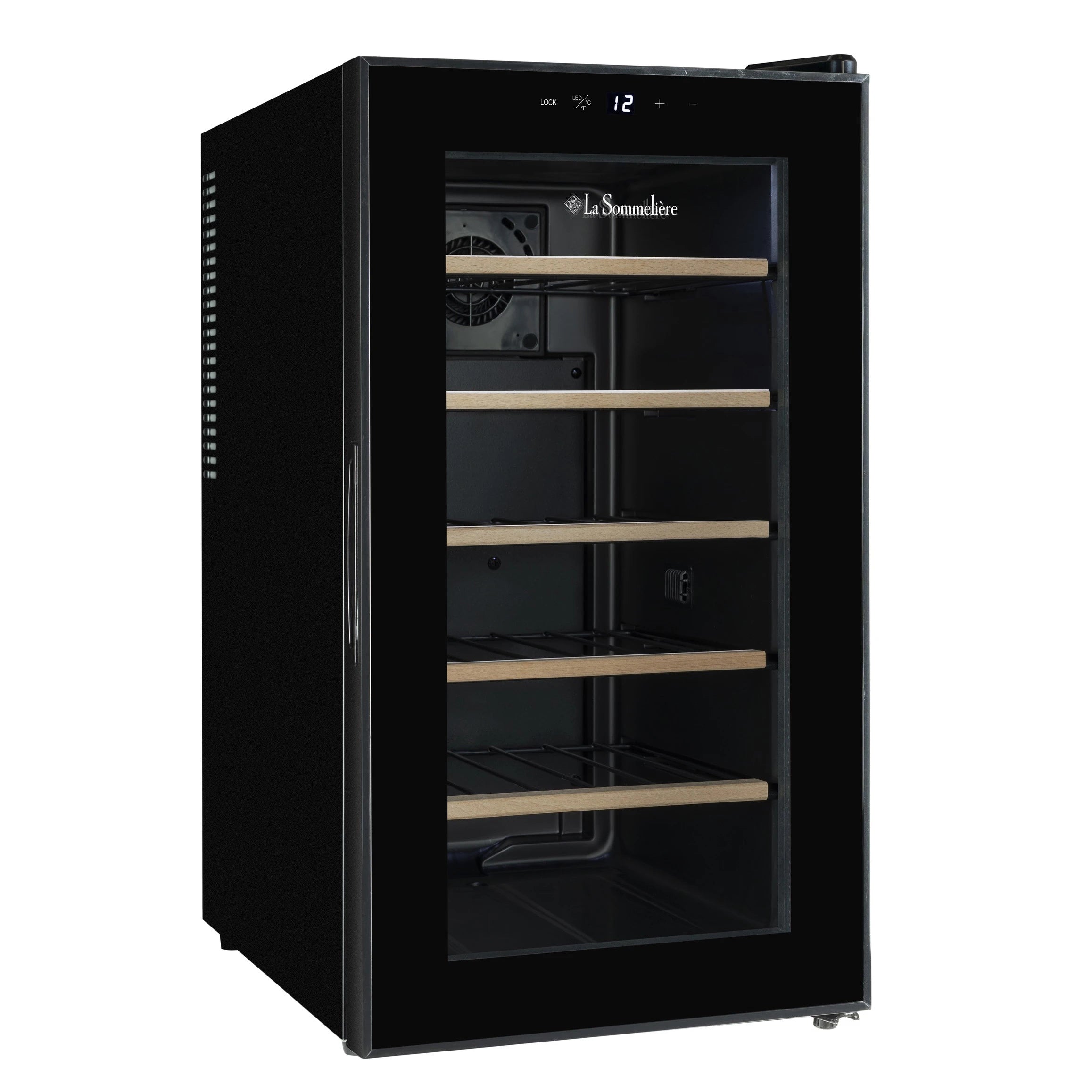 Vista de la Vinoteca 18 botellas La Sommelière 18SILENCE con estantes de madera llenos de botellas