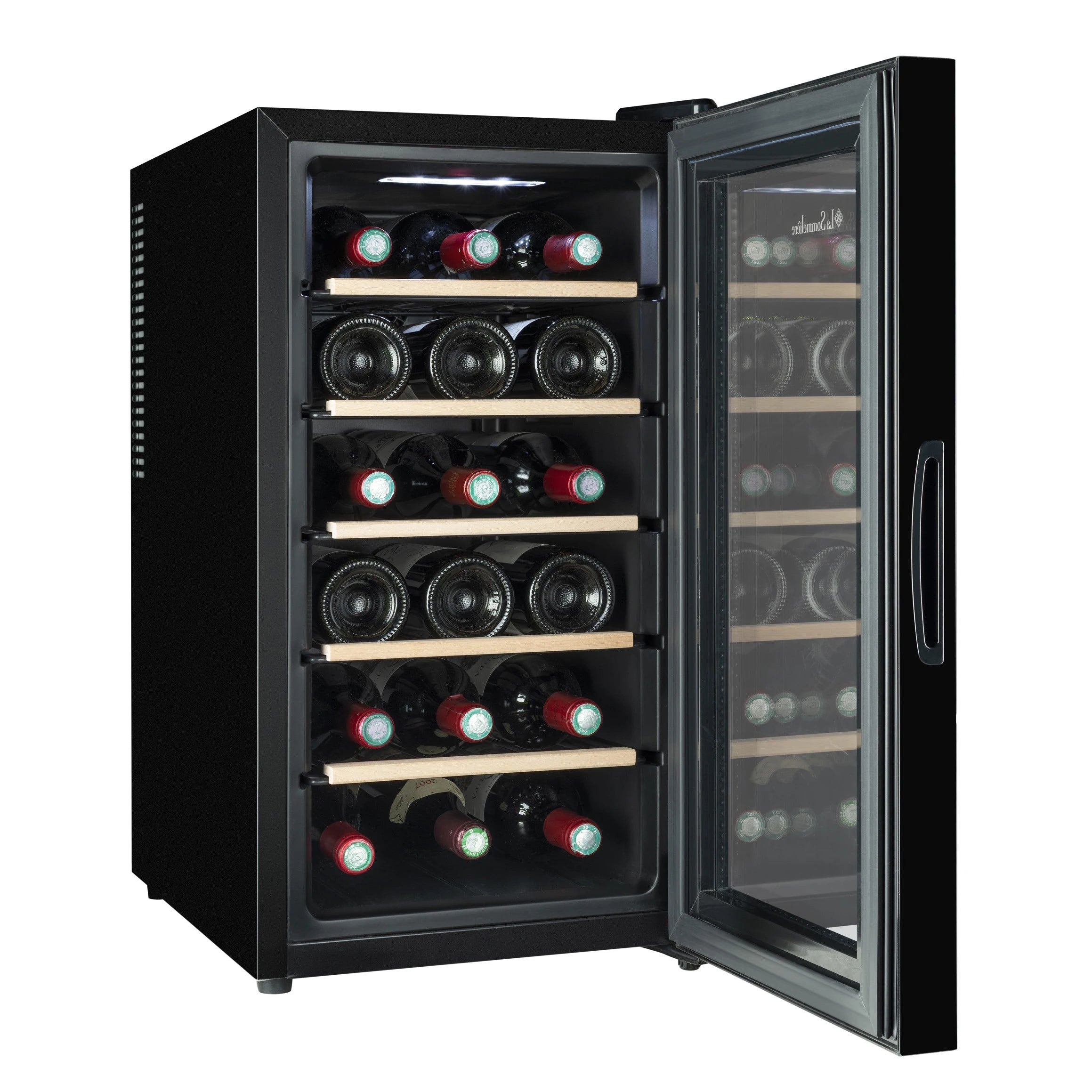 Vista de la Vinoteca 18 botellas La Sommelière 18SILENCE completamente abastecida con botellas de vino