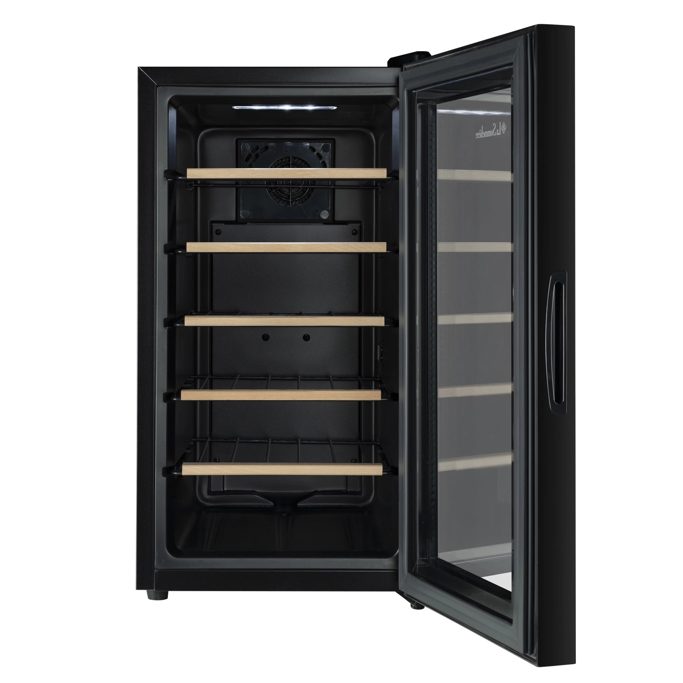 Vista de la Vinoteca 18 botellas La Sommelière 18SILENCE repleta de botellas en estantes de madera