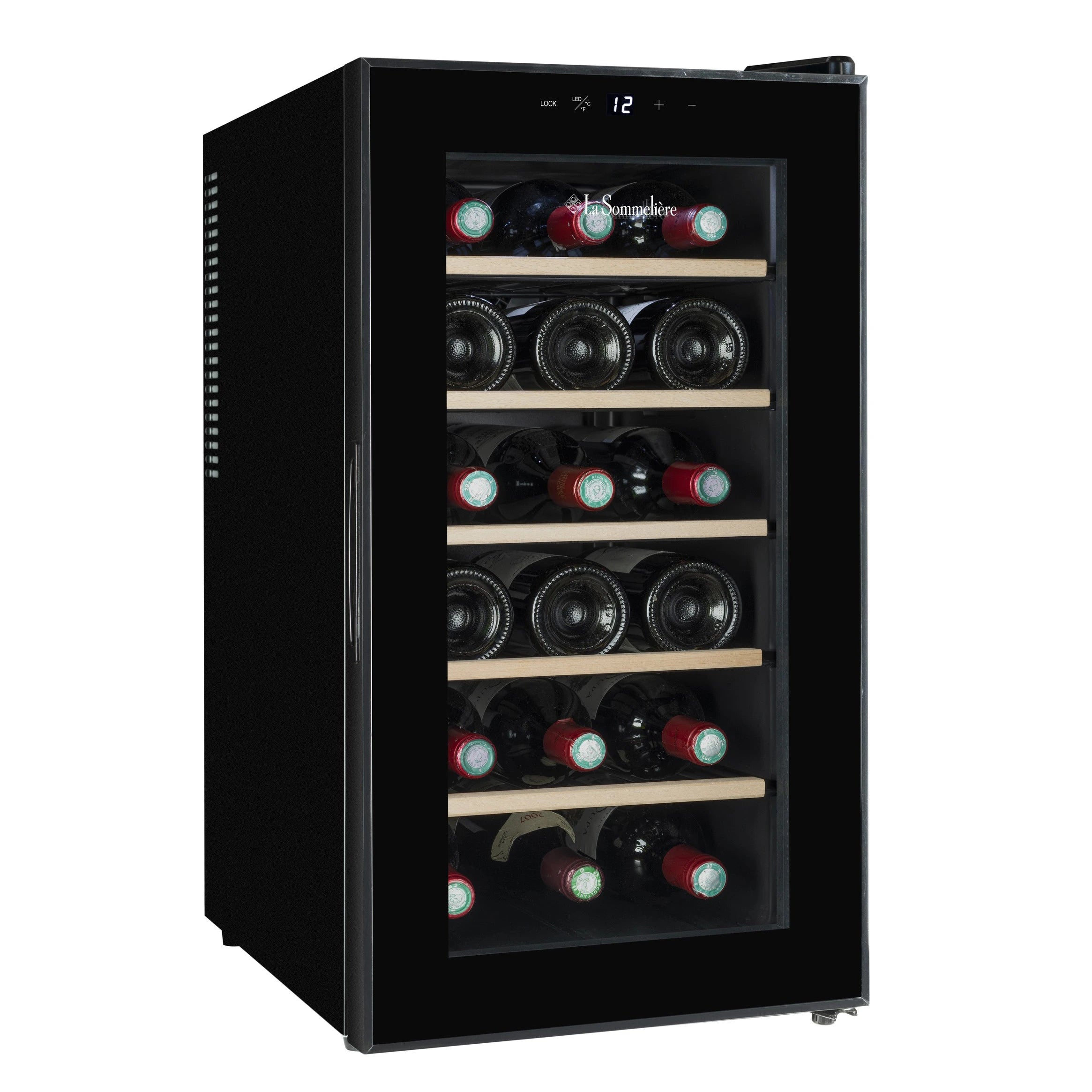 Vinoteca La Sommelière 18SILENCE con capacidad para 18 botellas, diseño en negro con puerta de vidrio, panel táctil de control en la parte superior, estantes de madera y estructura vertical de libre instalación.