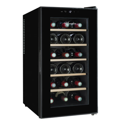 Vinoteca La Sommelière 18SILENCE con capacidad para 18 botellas, diseño en negro con puerta de vidrio, panel táctil de control en la parte superior, estantes de madera y estructura vertical de libre instalación.
