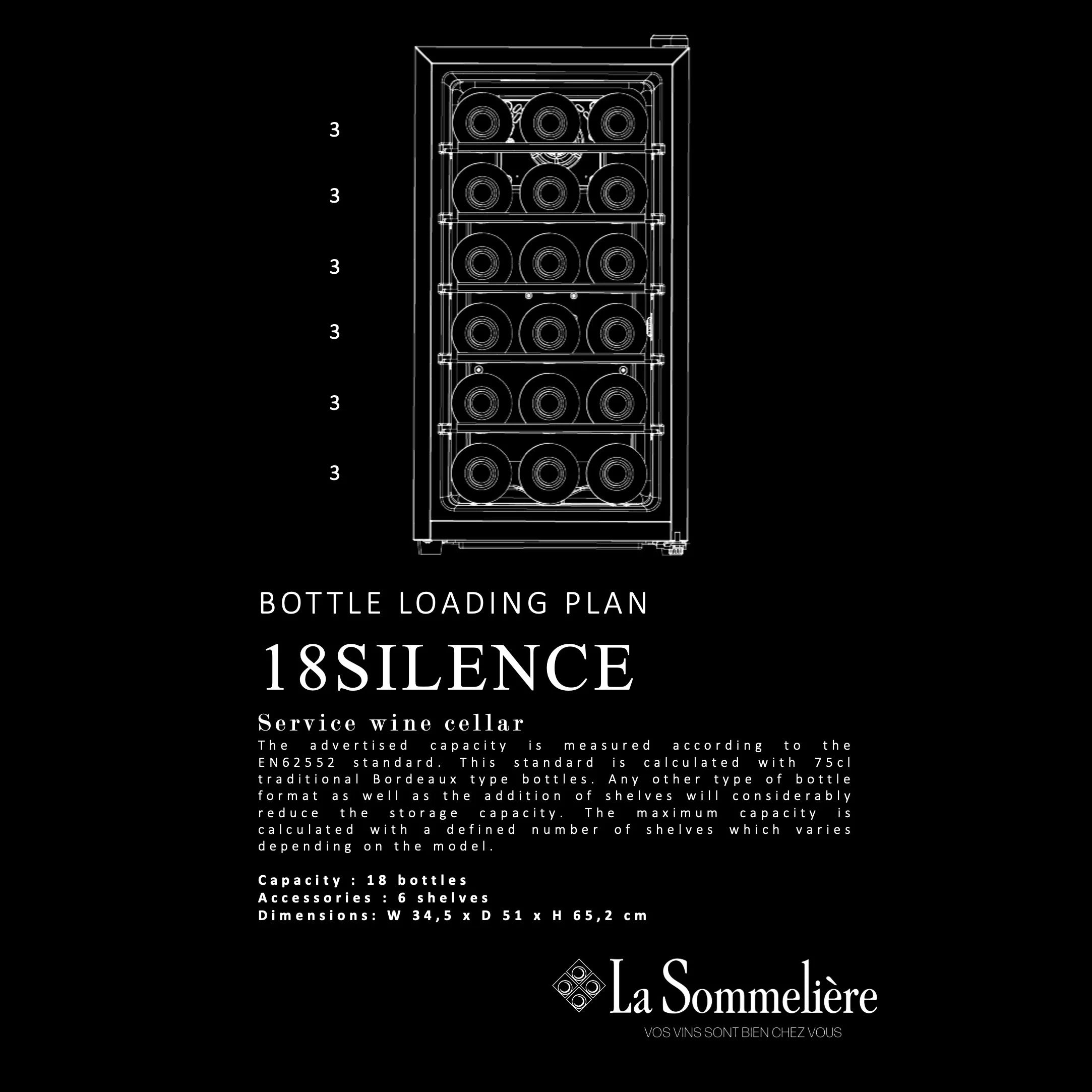 Vista de la Vinoteca 18 botellas La Sommelière 18SILENCE cargada de botellas de vino tinto y blanco