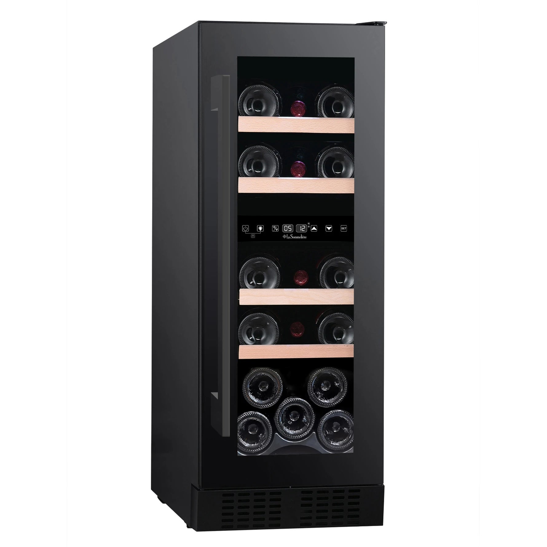 Vinoteca vertical La Sommelière LSBU18DZ de doble zona, con puerta de vidrio, estantes de madera y capacidad para 18 botellas.