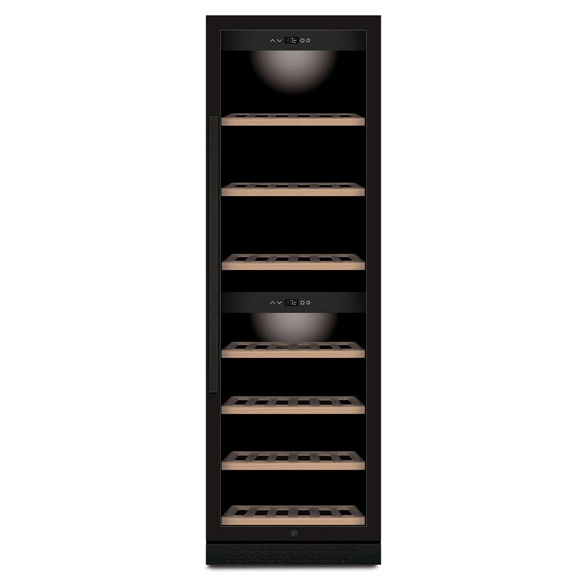 Vinoteca Caso Design WineChef Pro 180 Black de 180 botellas, doble zona, vista frontal del modelo negro.