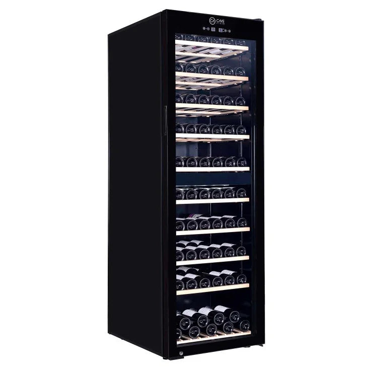 Cave Vinum CV-180-N-2T, vinoteca de 180 botellas doble zona, vista del interior con estantes de madera.