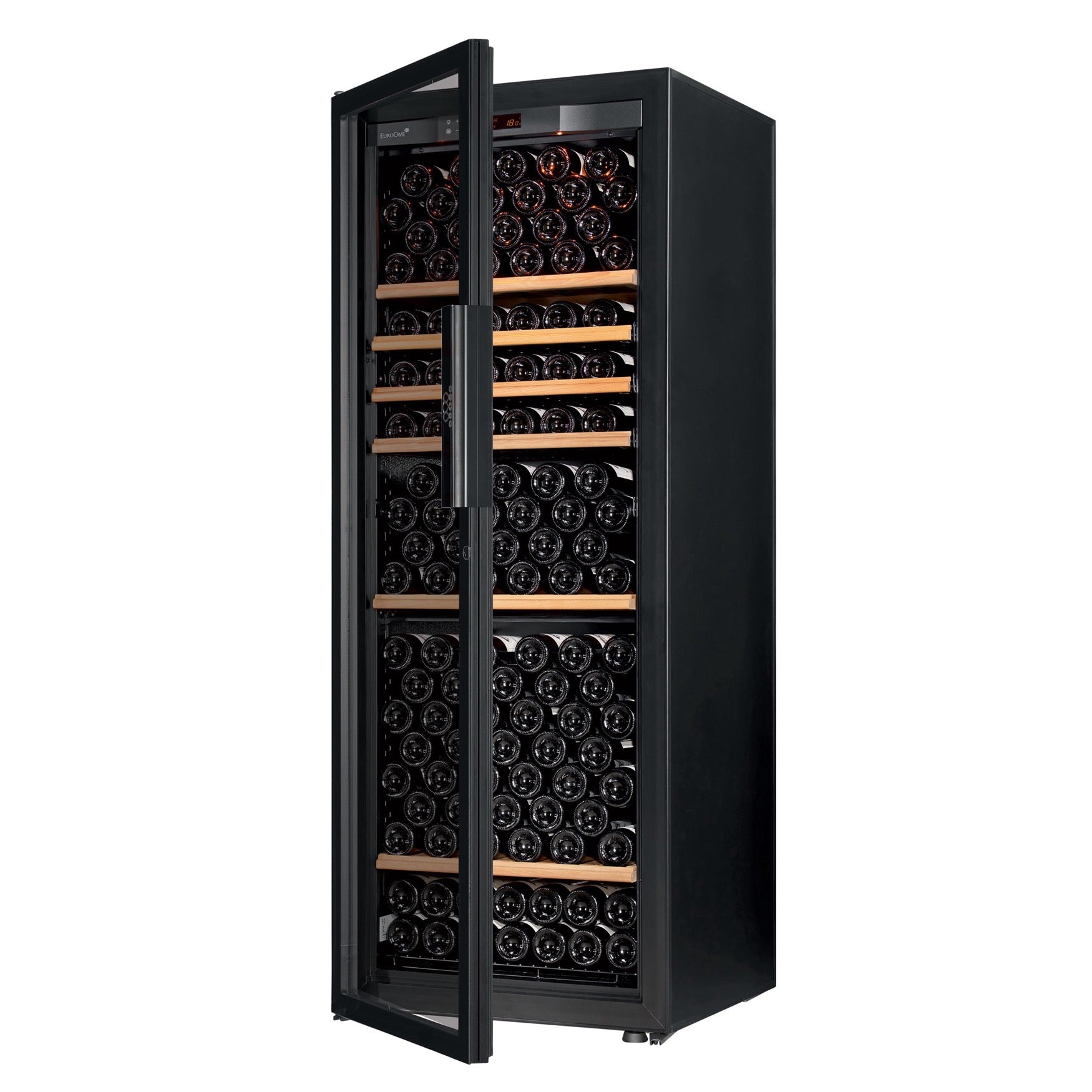 Vinoteca 182 botellas EuroCave Pure LFG14 Multitemperatura Full Glass lateral puerta abierta llena